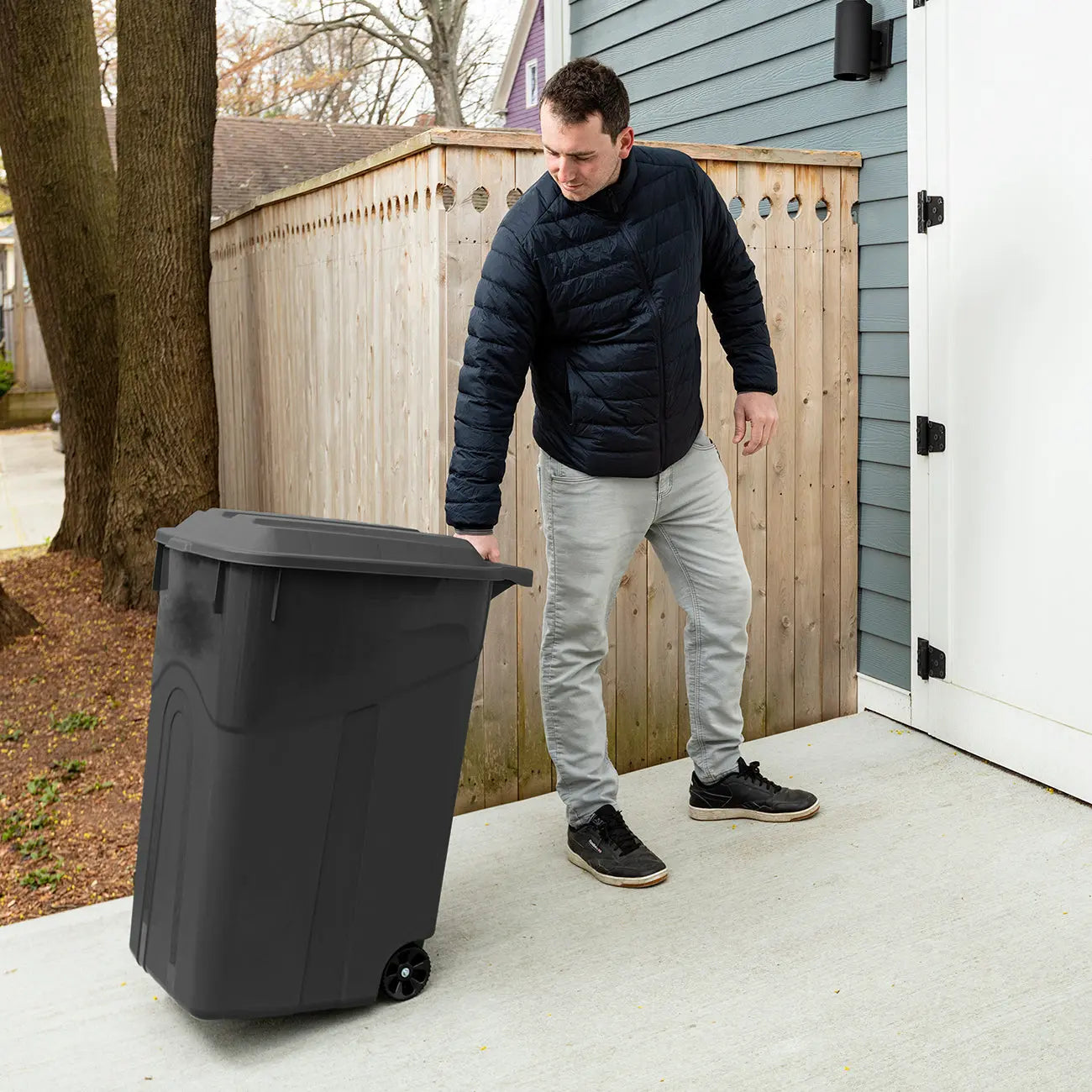 Hyper Tough 45 Gallon Wheeled Heavy Duty Plastic Garbage Can, Attached Lid, Black Hand C Mart