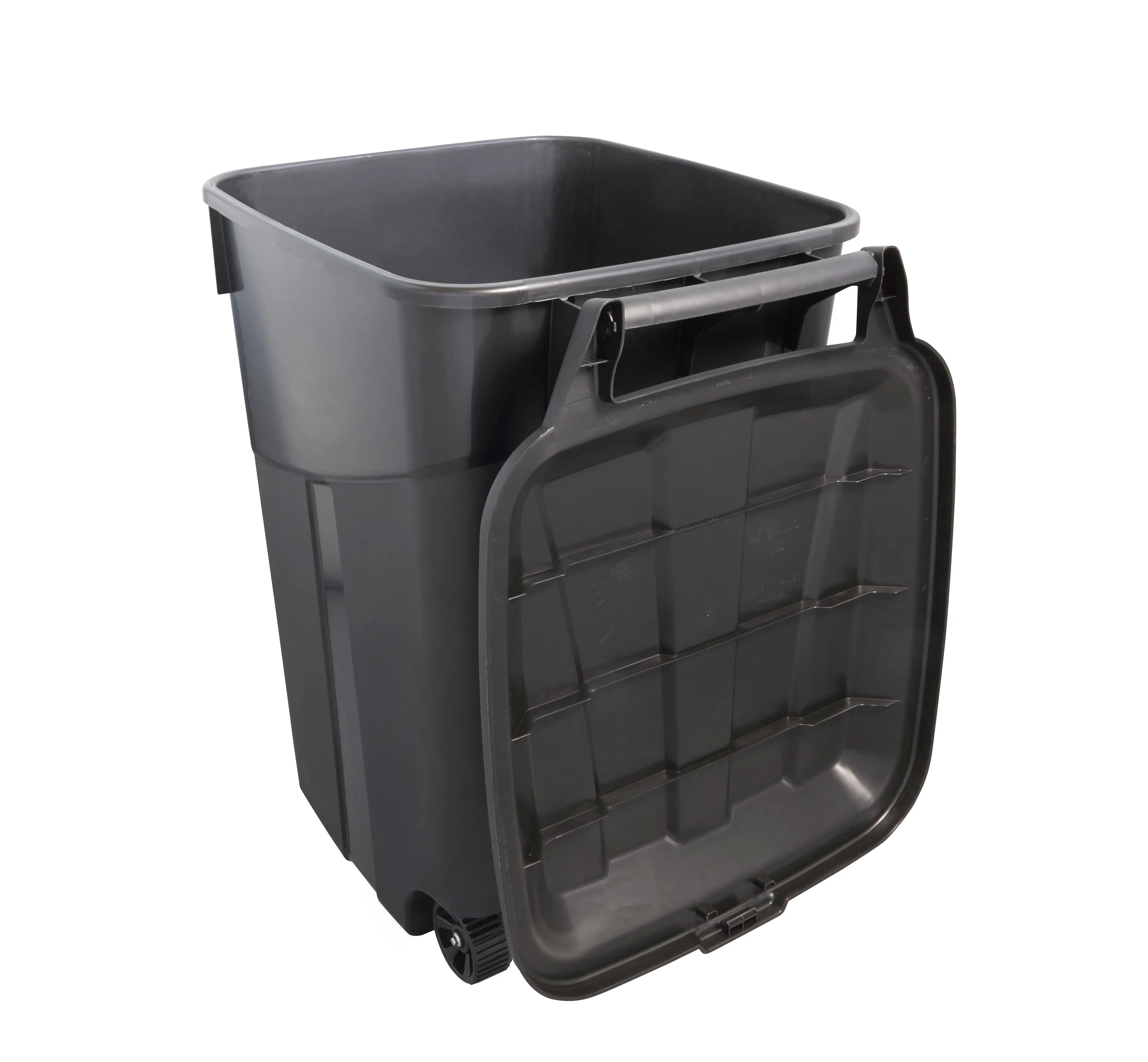 Hyper Tough 45 Gallon Wheeled Heavy Duty Plastic Garbage Can, Attached Lid, Black Hand C Mart