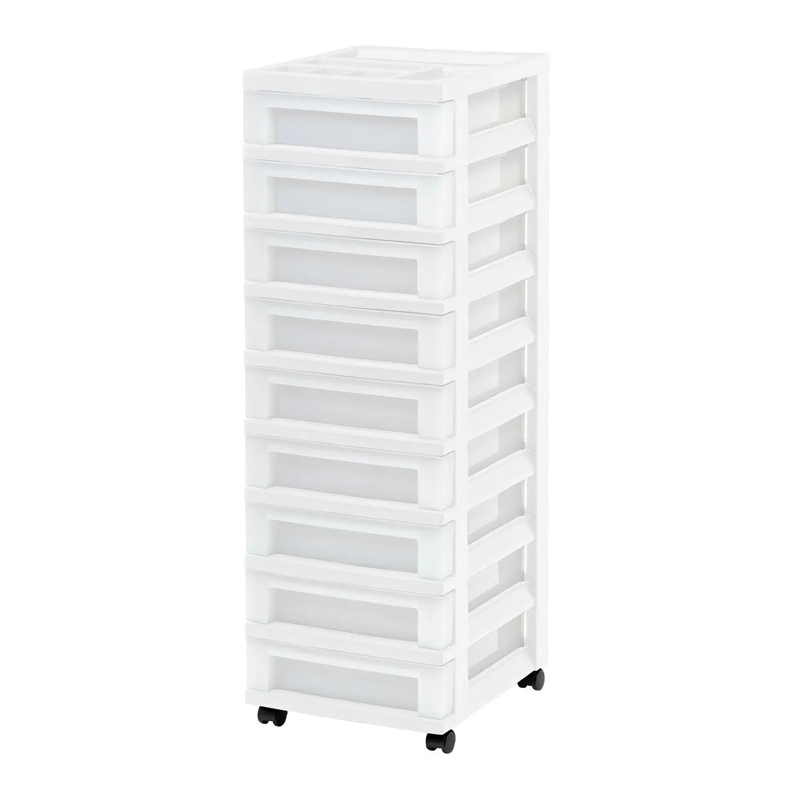 IRIS USA, 9-Drawer Narrow Plastic Storage Drawer Cart with Organizer Top, White Hand C Mart