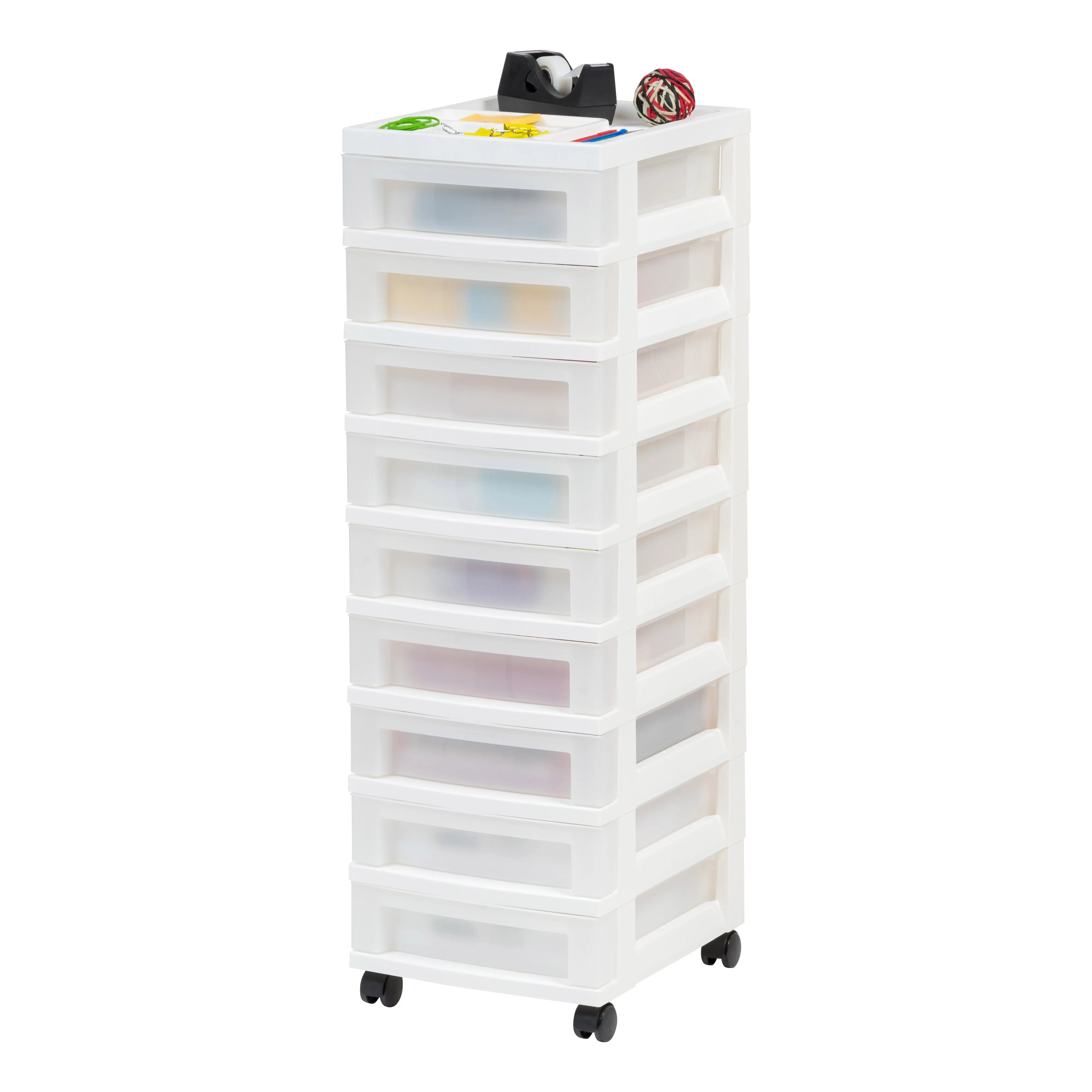 IRIS USA, 9-Drawer Narrow Plastic Storage Drawer Cart with Organizer Top, White Hand C Mart