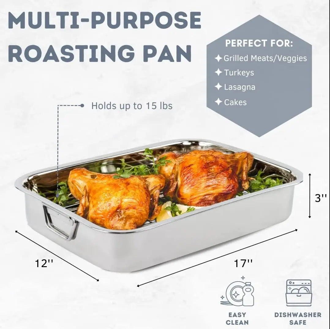 Imperial Home 17” Rectangular Roasting Pan with Rack Stainless Steel Baking Pan Hand C Mart