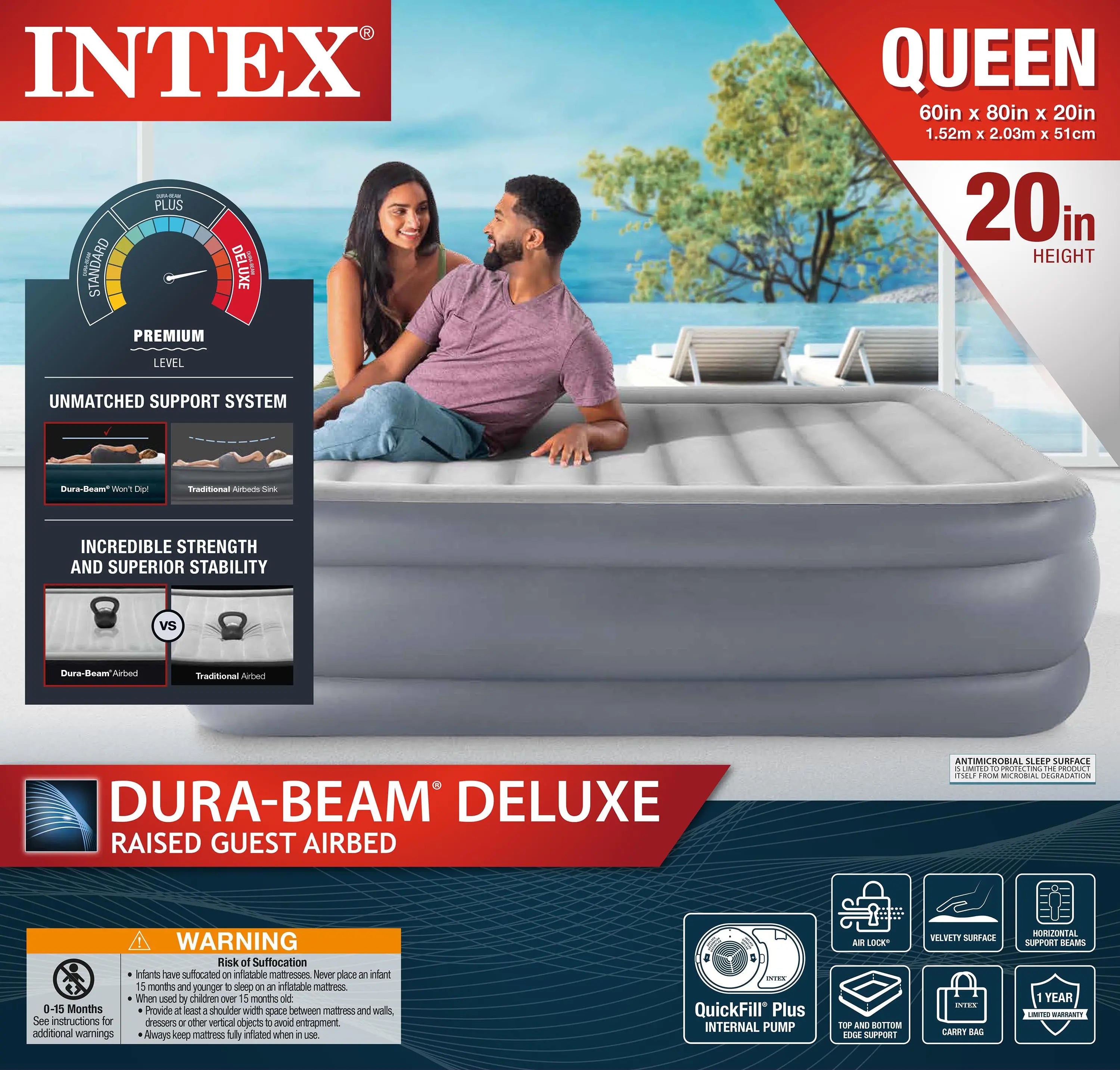 Intex 20" Dura-Beam Deluxe Raised Air Bed Mattress with Internal Pump - Queen Hand C Mart