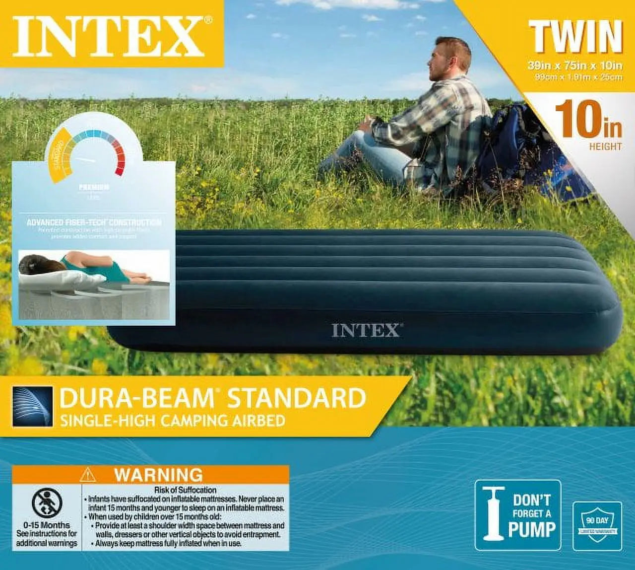 Intex 75 x 39 x 10 Inch Dura-Beam Fiber-Tech Vinyl Standard Downy Air Mattress with Plush Top and 2-in-1 Valve, Twin (Pump Not Included) Hand C Mart