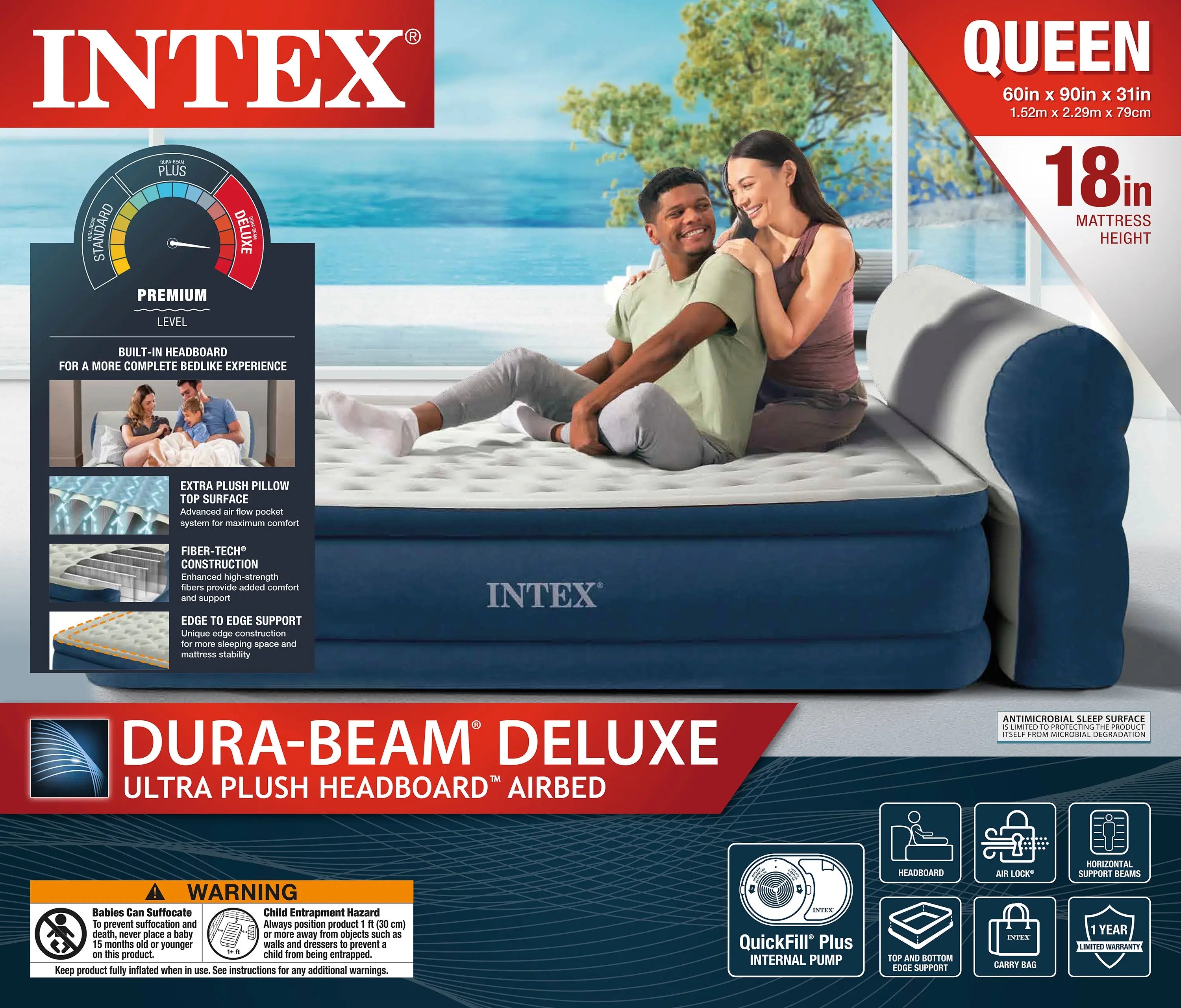 Intex Queen Headboard Dura-Beam Deluxe Raised Air Bed Mattress with Built-in Pump - 18" Mattress Height Hand C Mart