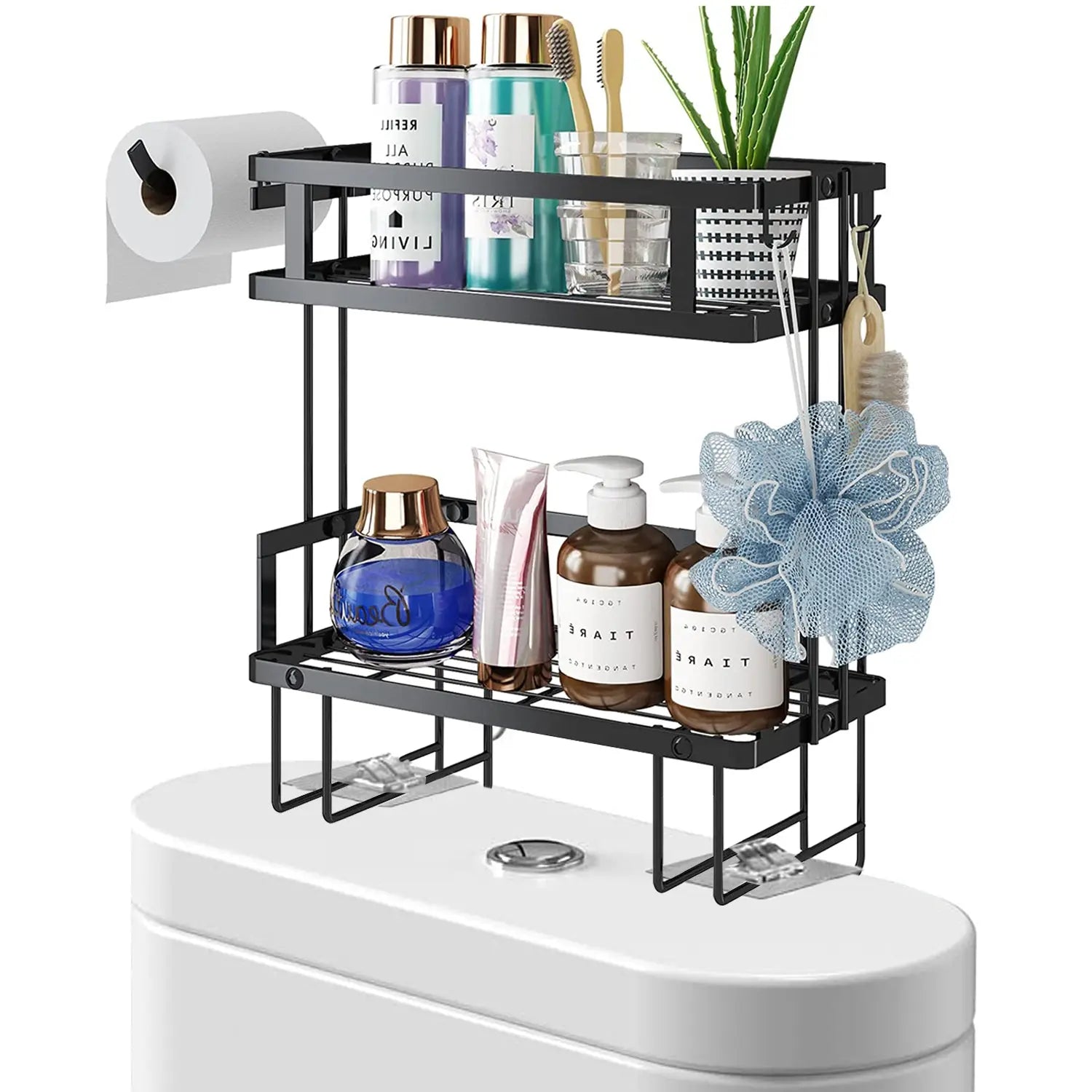 Isyunen 2-Tier over the Toilet Storage Rack,Metal Bathroom Shelf with Hanging Hook and Toilet Paper Holder Black Hand C Mart