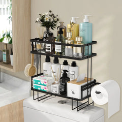 Isyunen 2-Tier over the Toilet Storage Rack,Metal Bathroom Shelf with Hanging Hook and Toilet Paper Holder Black Hand C Mart