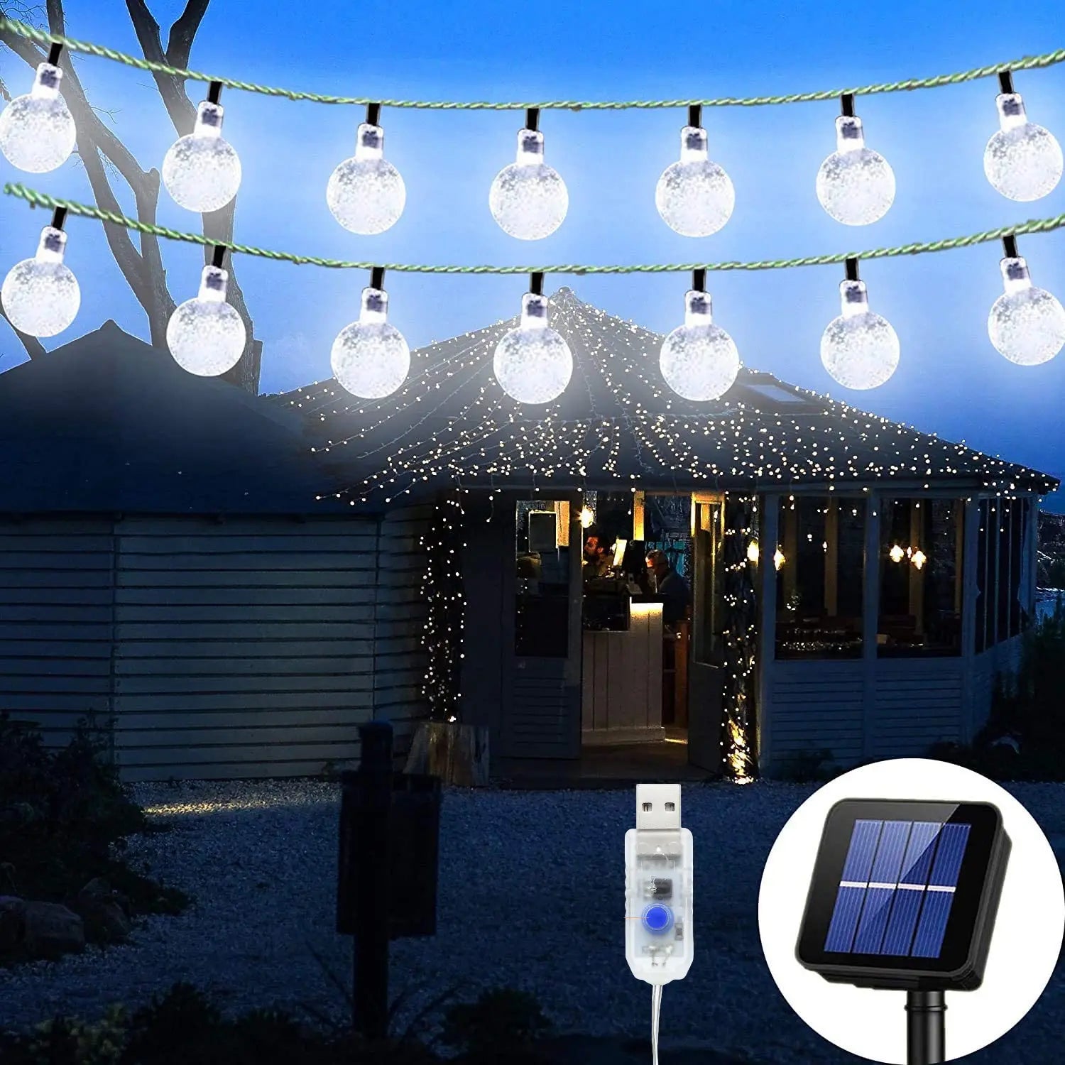 Juhefa Solar String Lights Outdoor 60 Led 35.6 ft Crystal Globe Lights for Garden Yard Porch Wedding Party Decor (White) Hand C Mart