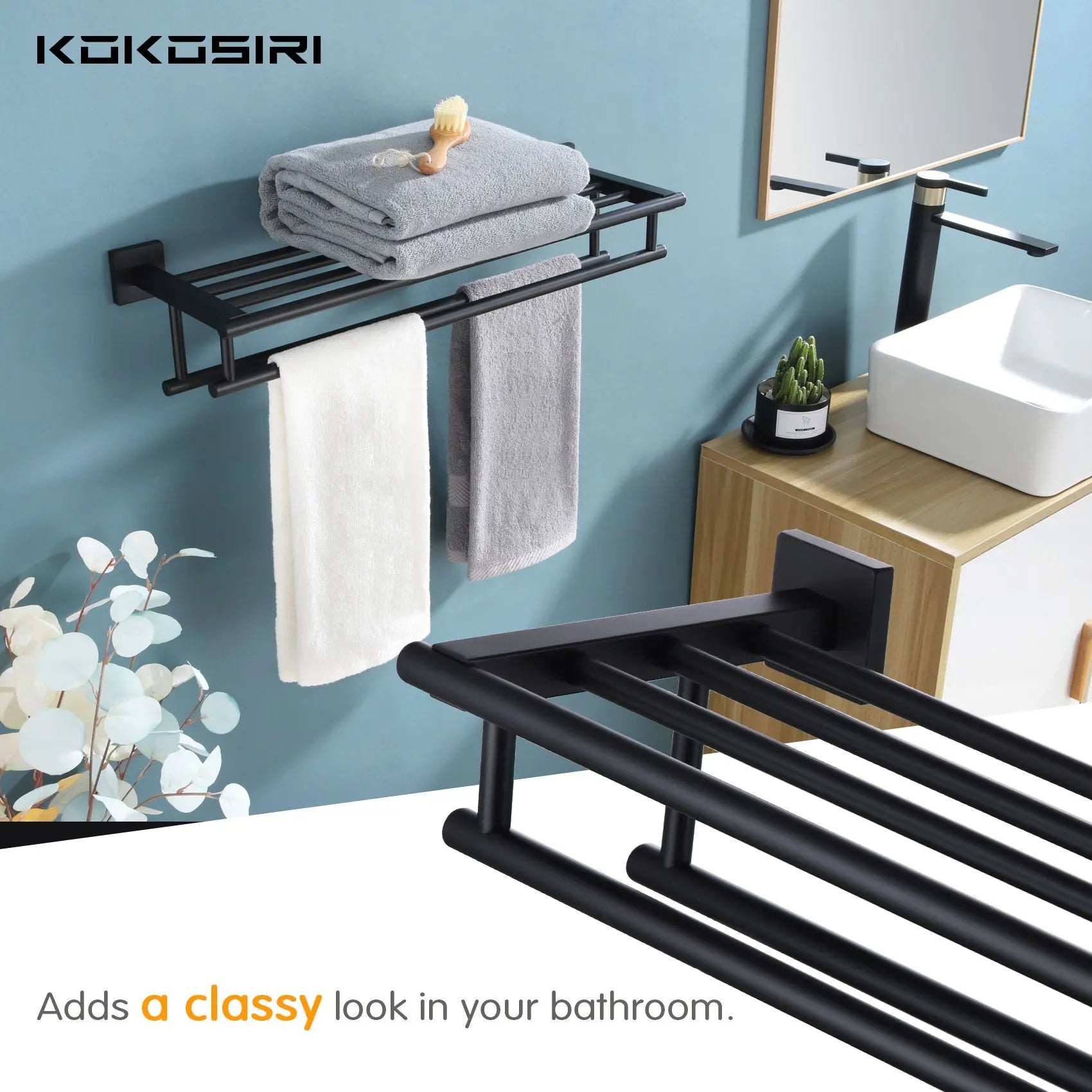 KOKOSIRI Bath Towel Rack with Double Towel Bars Bathroom Towel Shelf 24 Inch Towel Holder Wall Mounted Stainless Steel Matte Black B6005BK-L24 Hand C Mart