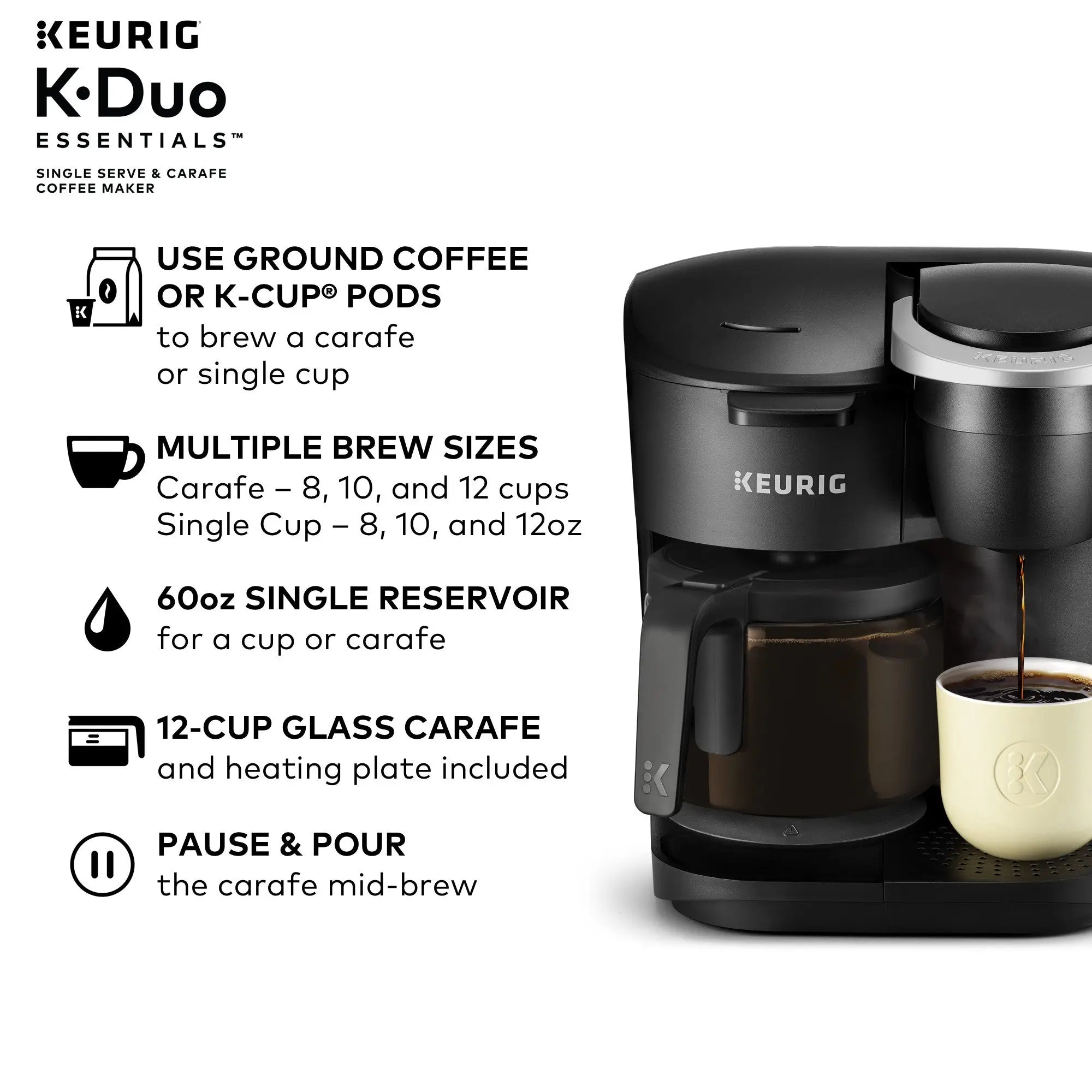 Keurig K-Duo Essentials Black Single-Serve K-Cup Pod Coffee Maker, Black Hand C Mart