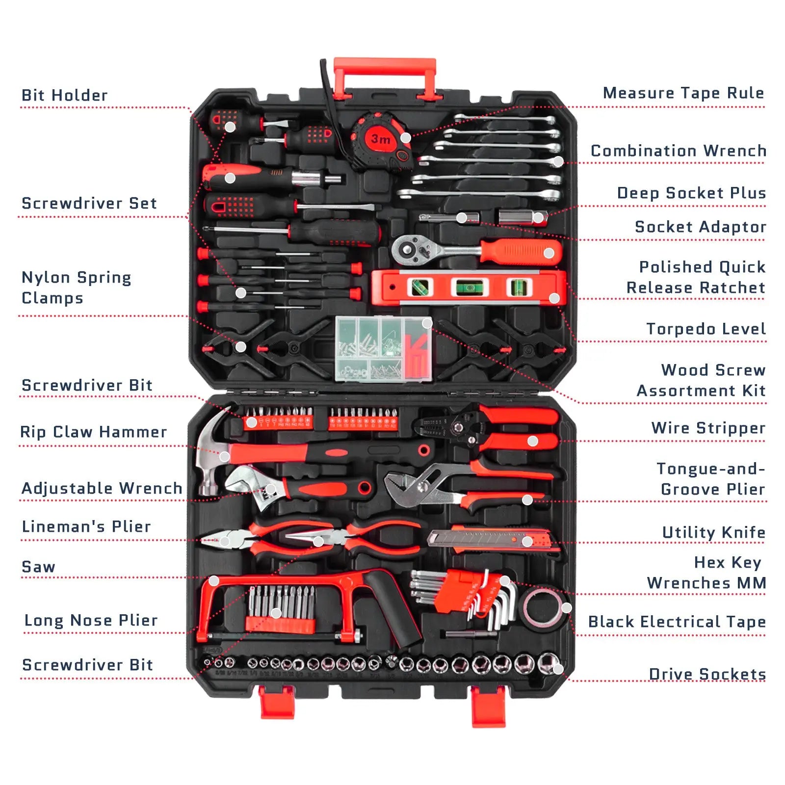 Ktaxon 198 Piece Tool Set, General Household Hand Tool Kit Socket Wrench Auto Repair Tool, W/ Storage Case, Red Hand C Mart