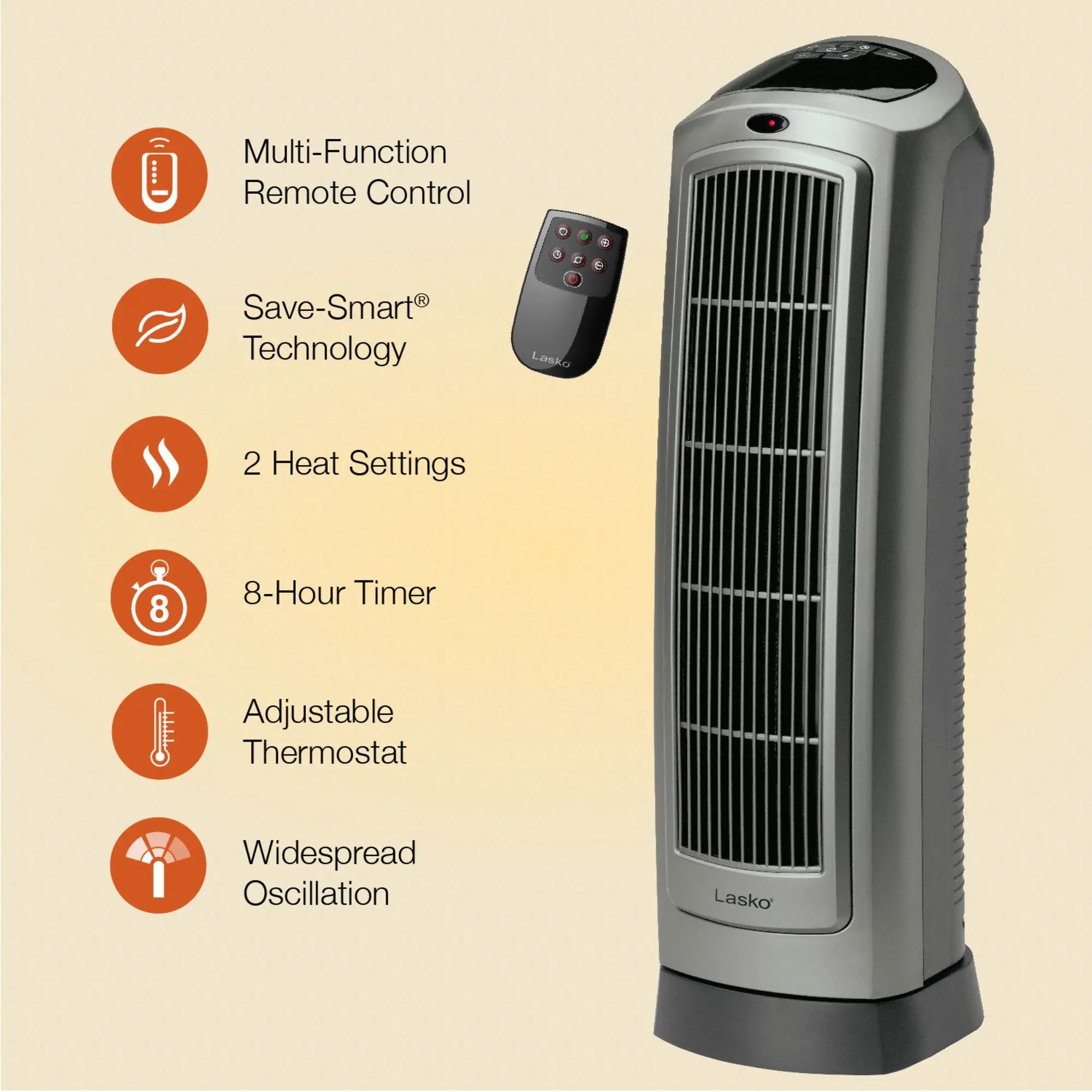 Lasko Portable Oscillating Ceramic Space Heater Tower with Digital Display, Remote Control, 2 Heat Settings and 8 Hour Timer, Gray Hand C Mart