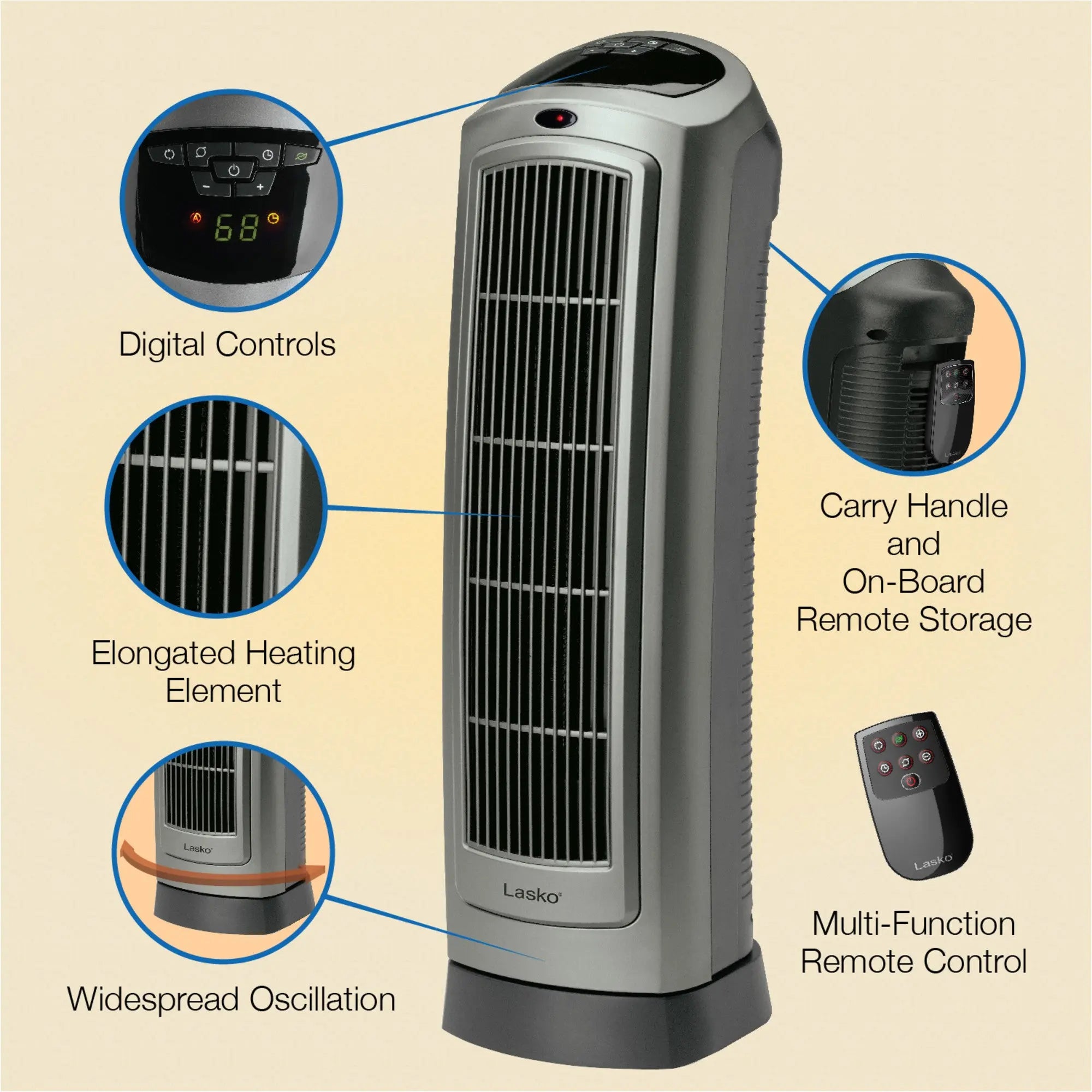 Lasko Portable Oscillating Ceramic Space Heater Tower with Digital Display, Remote Control, 2 Heat Settings and 8 Hour Timer, Gray Hand C Mart