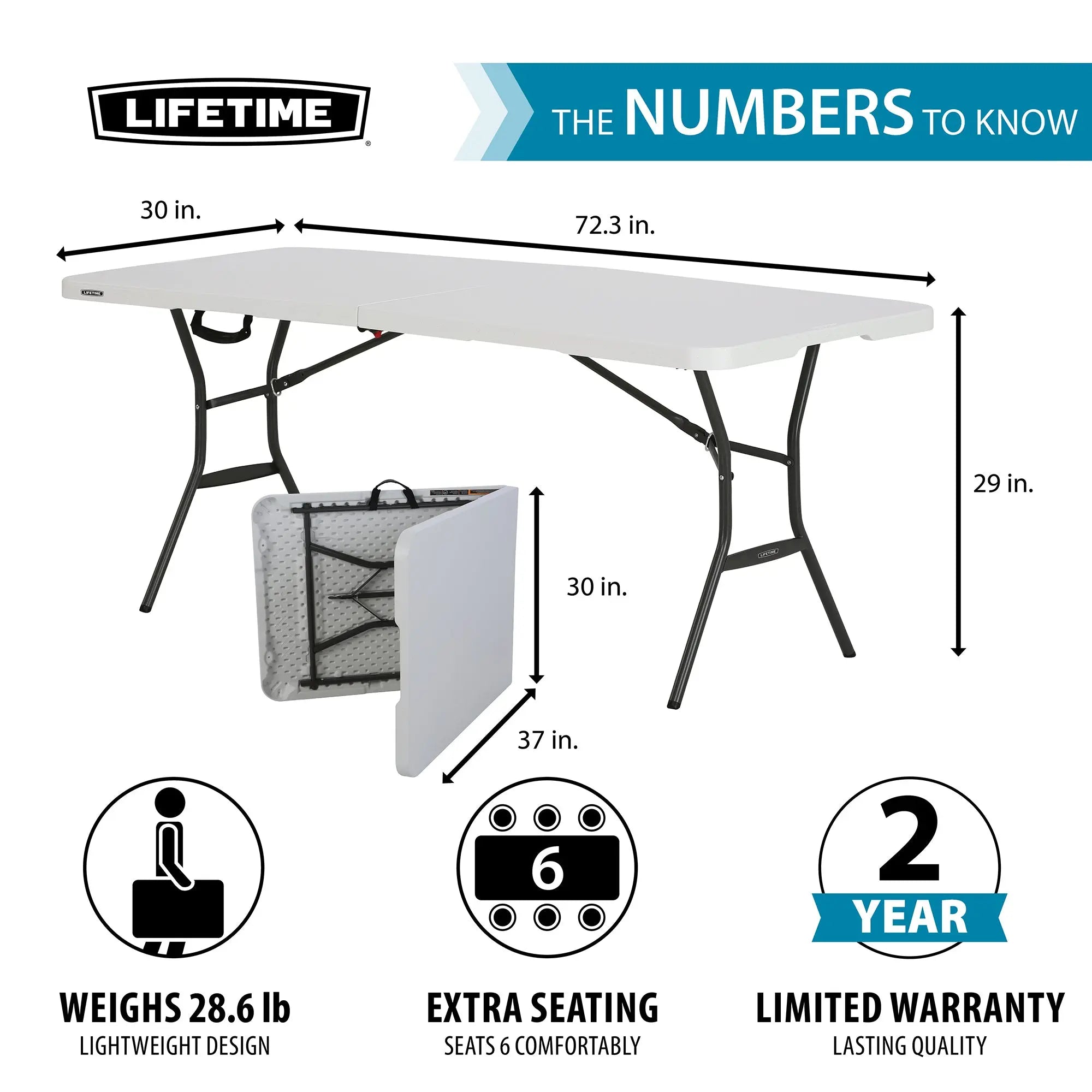 Lifetime 6 Foot Rectangle Fold-in-Half Table, Commercial Grade, White Granite (25011) Hand C Mart