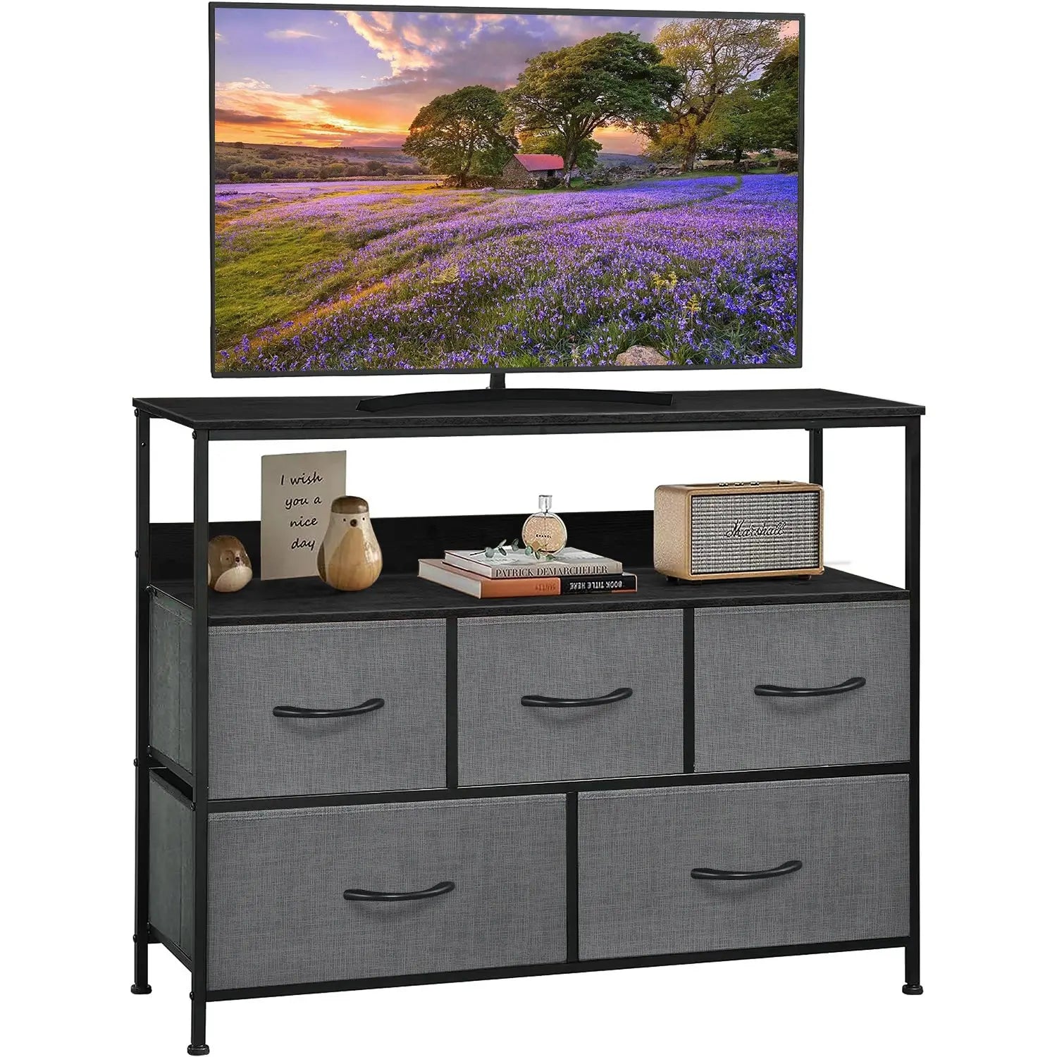 MONVANE 40 inches TV Stand for 45" TV, Dresser Drawers Entertainment Center with Shelves for Bedroom, Living Room,Grey Hand C Mart