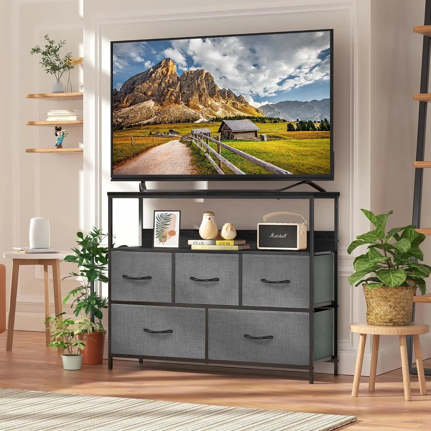 MONVANE 40 inches TV Stand for 45" TV, Dresser Drawers Entertainment Center with Shelves for Bedroom, Living Room,Grey Hand C Mart