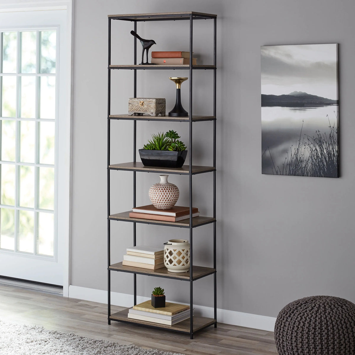 Mainstays 6-Shelf Metal Frame Bookcase, Rustic Brown Hand C Mart