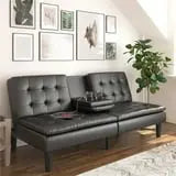 Mainstays Memory Foam Futon with Cupholder and USB, Black Faux Leather Hand C Mart