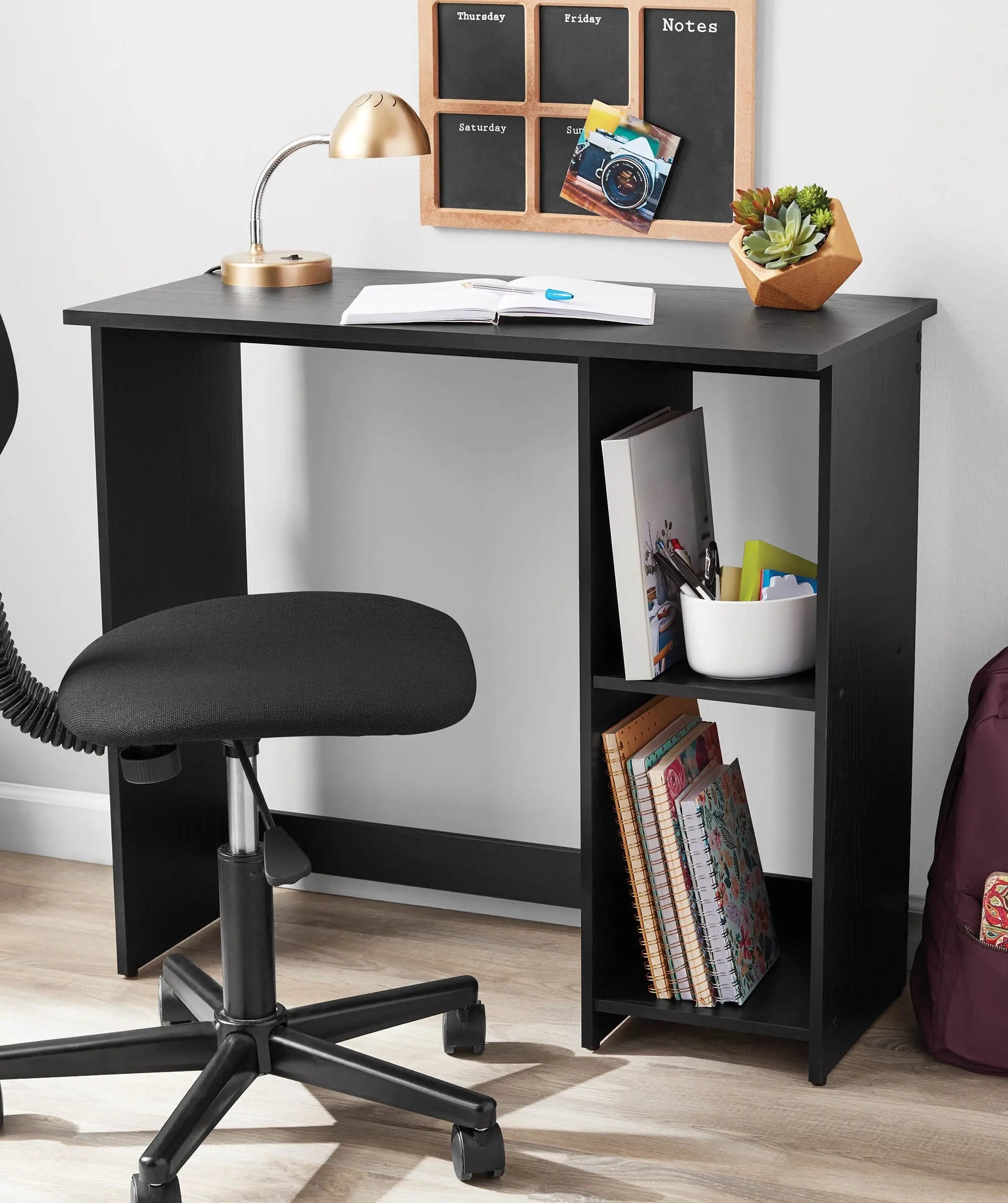 Mainstays Small Space Writing Desk with 2 Shelves, True Black Oak Finish Hand C Mart