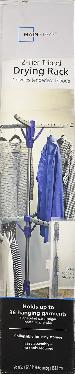 Mainstays Space-Saving 2-Tier Steel Tripod Hanging Clothes Drying Rack, Blue/Silver Hand C Mart