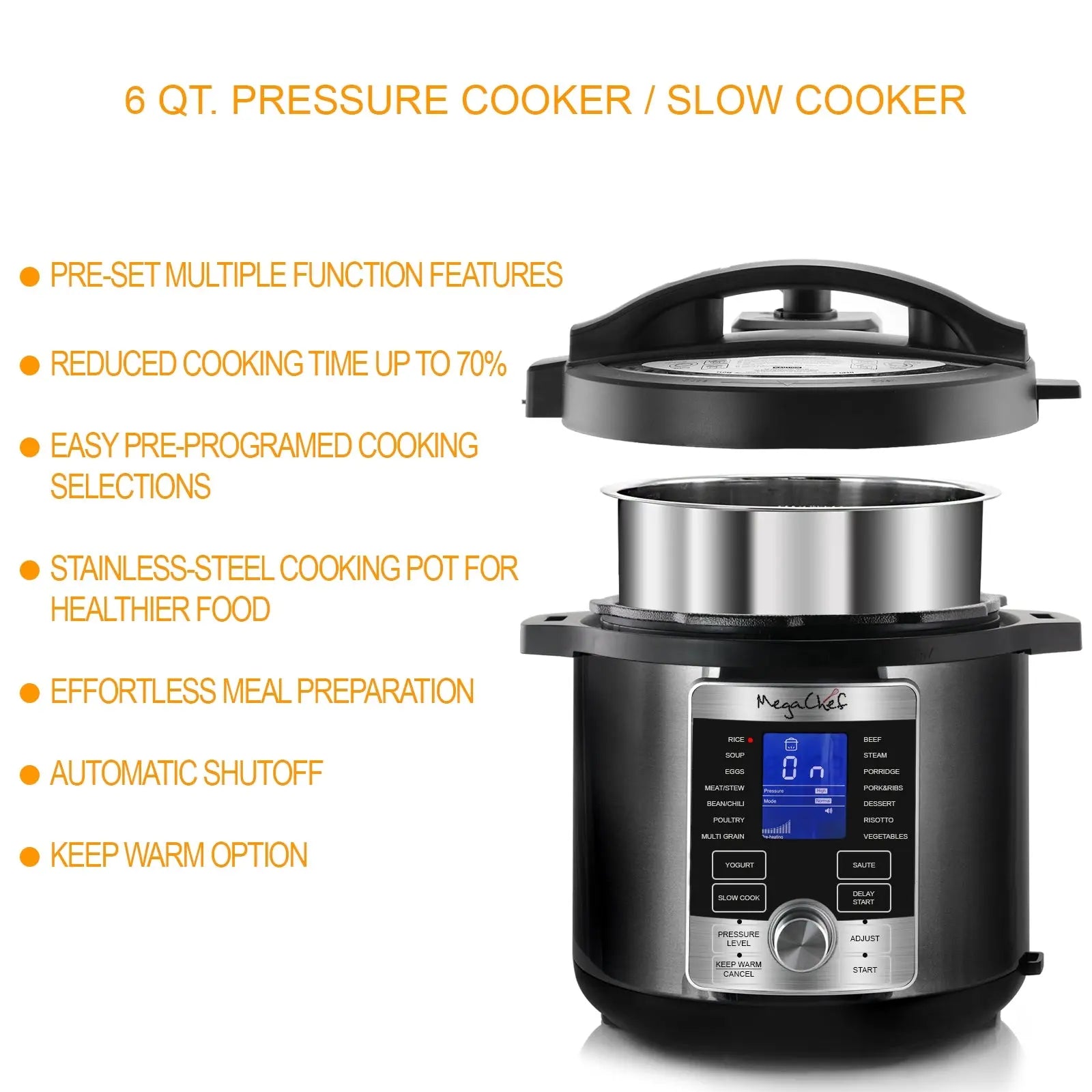 Megachef 6 Quart Stainless Steel Electric Digital Pressure Cooker with Lid Hand C Mart