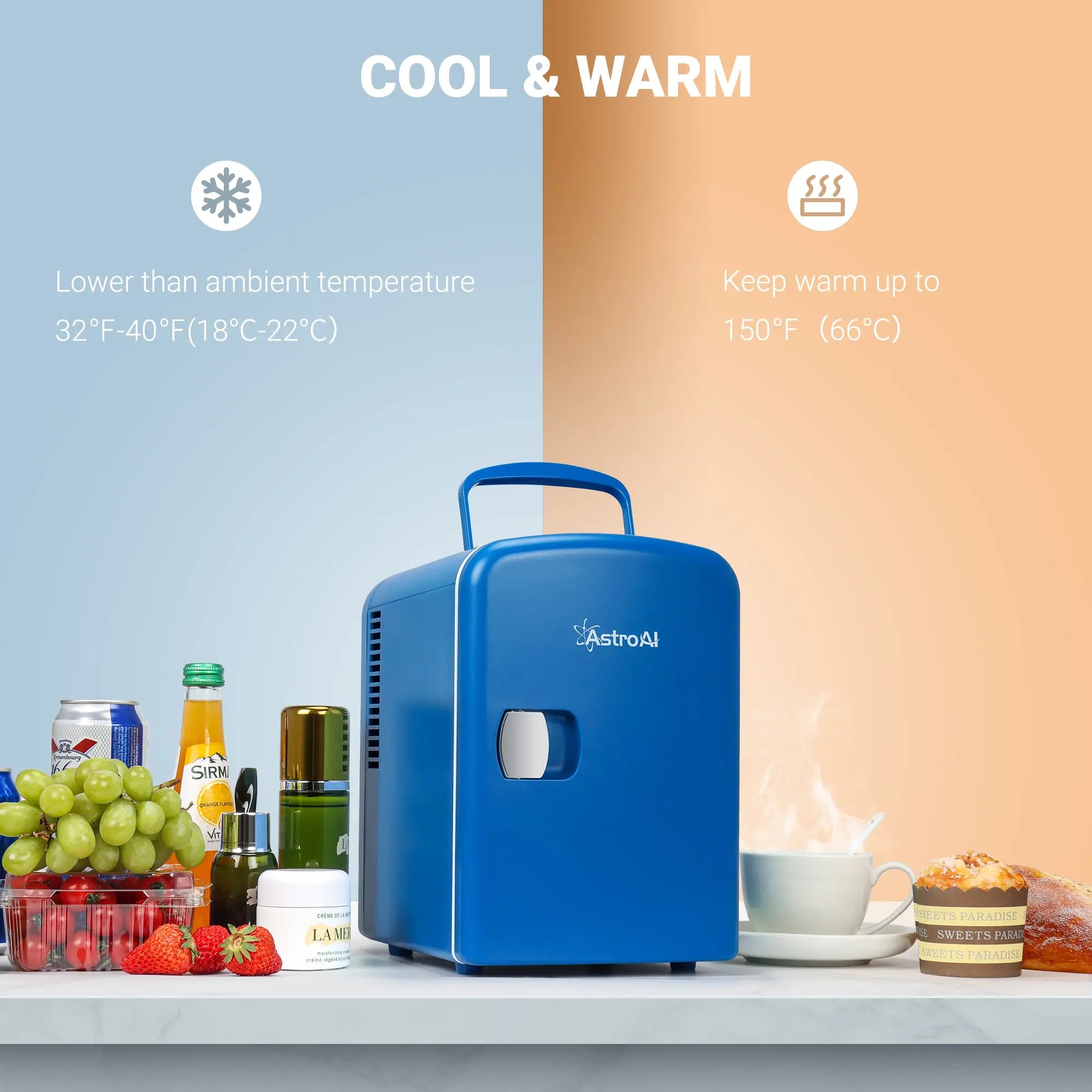 Mini Fridge 4L, 6 Can Portable Electric Cooler Personal Skincare Refrigerators DC/AC, Blue Hand C Mart