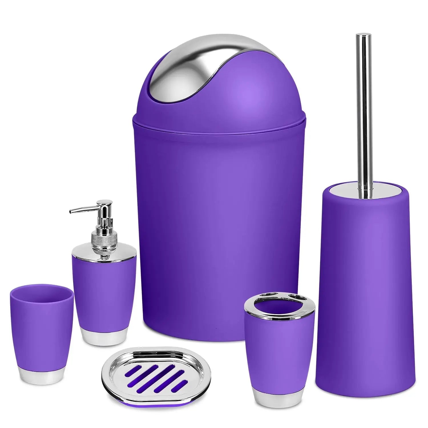 Moclever Purple Bathroom Accessories, 6 Pcs Plastic Bathroom Set Soap Dispenser Toothbrush Holder Tumbler Soap Dish Toilet Cleaning Brush Trash Can Unisex Hand C Mart