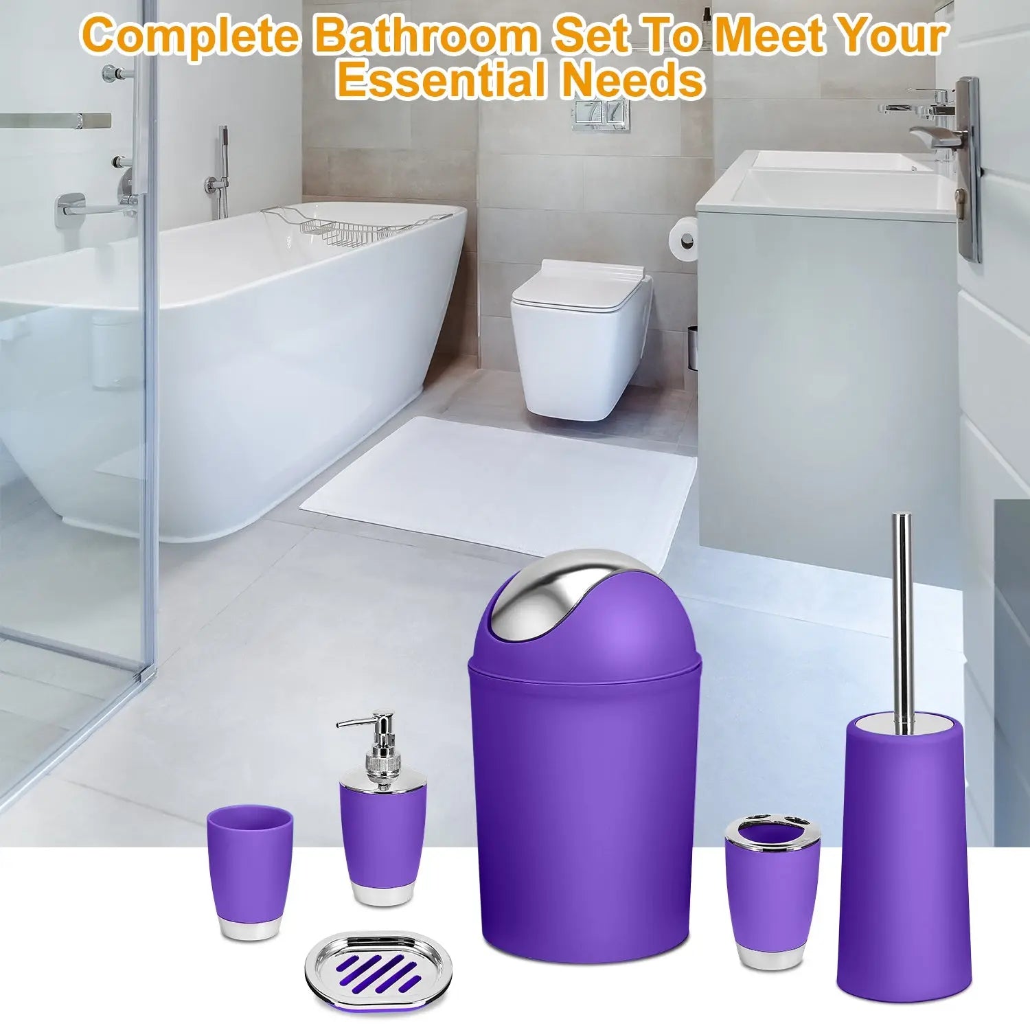 Moclever Purple Bathroom Accessories, 6 Pcs Plastic Bathroom Set Soap Dispenser Toothbrush Holder Tumbler Soap Dish Toilet Cleaning Brush Trash Can Unisex Hand C Mart