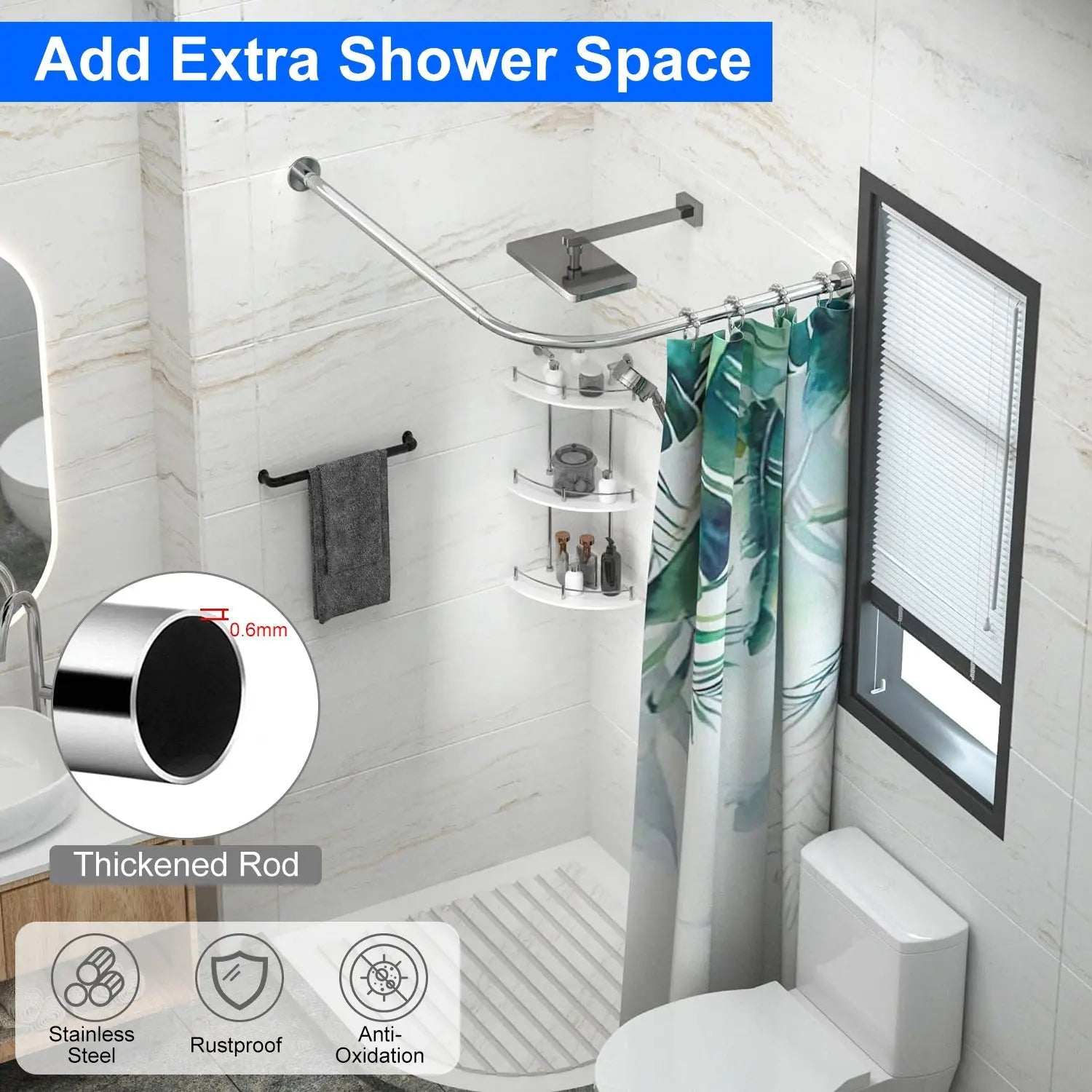 Moclever Shower Curved Curtain Rod Stainless Steel Rod L Shaped Stretchable Rod Bathroom Tub Closet Corner Rack, Silver Hand C Mart