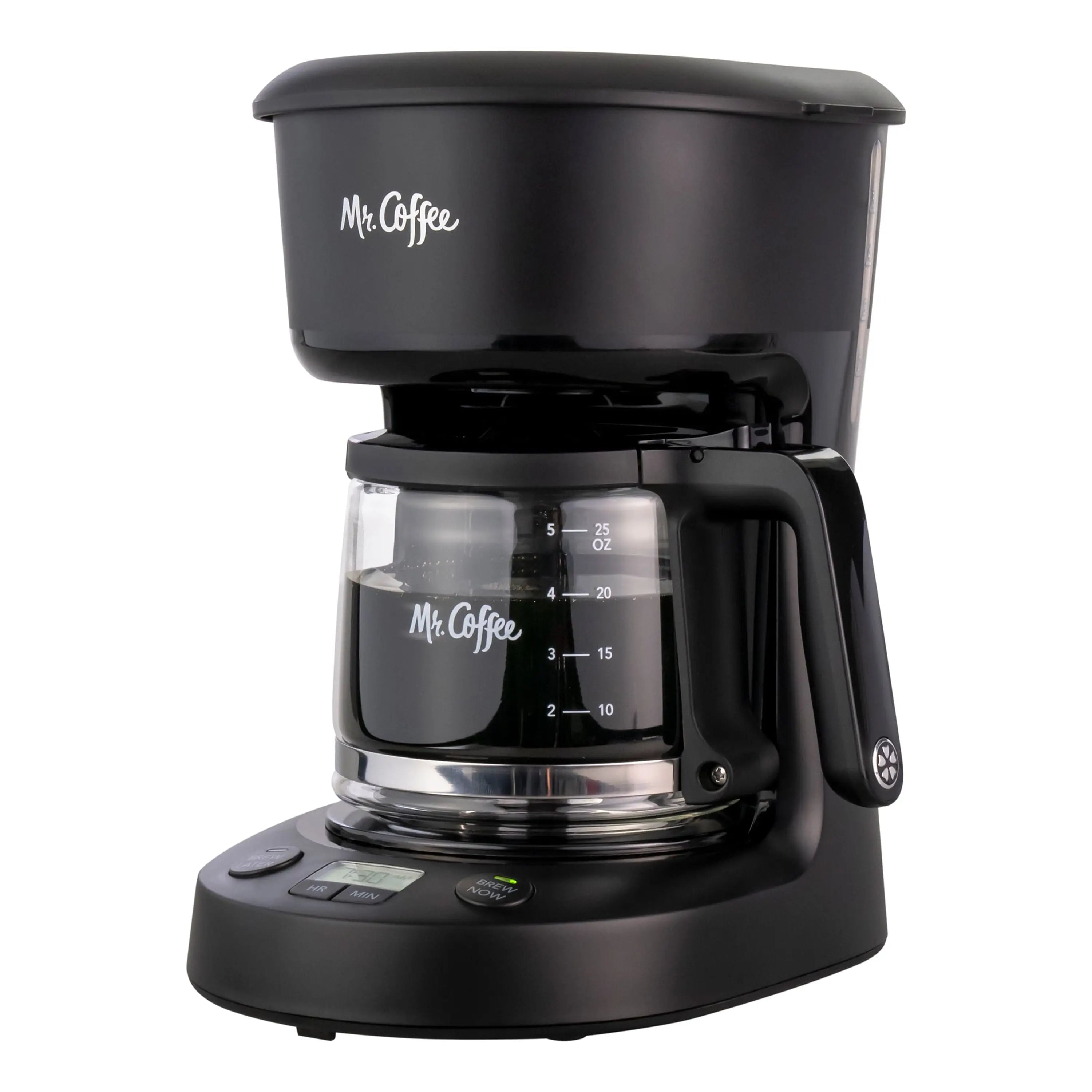 Mr. Coffee 5-Cup Programmable Coffee Maker, 25 oz. Mini Brew, Brew Now or Later, Black Hand C Mart