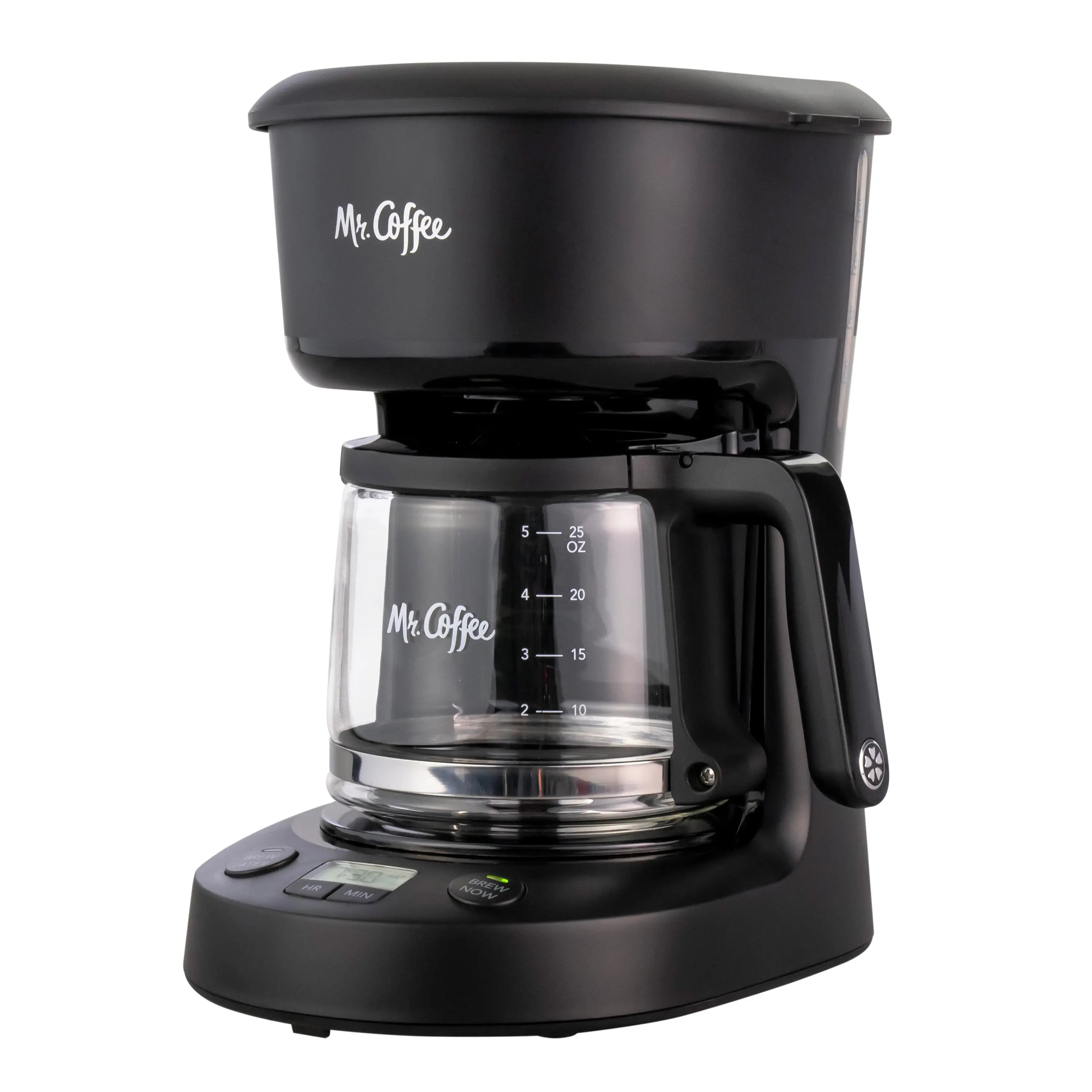 Mr. Coffee 5-Cup Programmable Coffee Maker, 25 oz. Mini Brew, Brew Now or Later, Black Hand C Mart