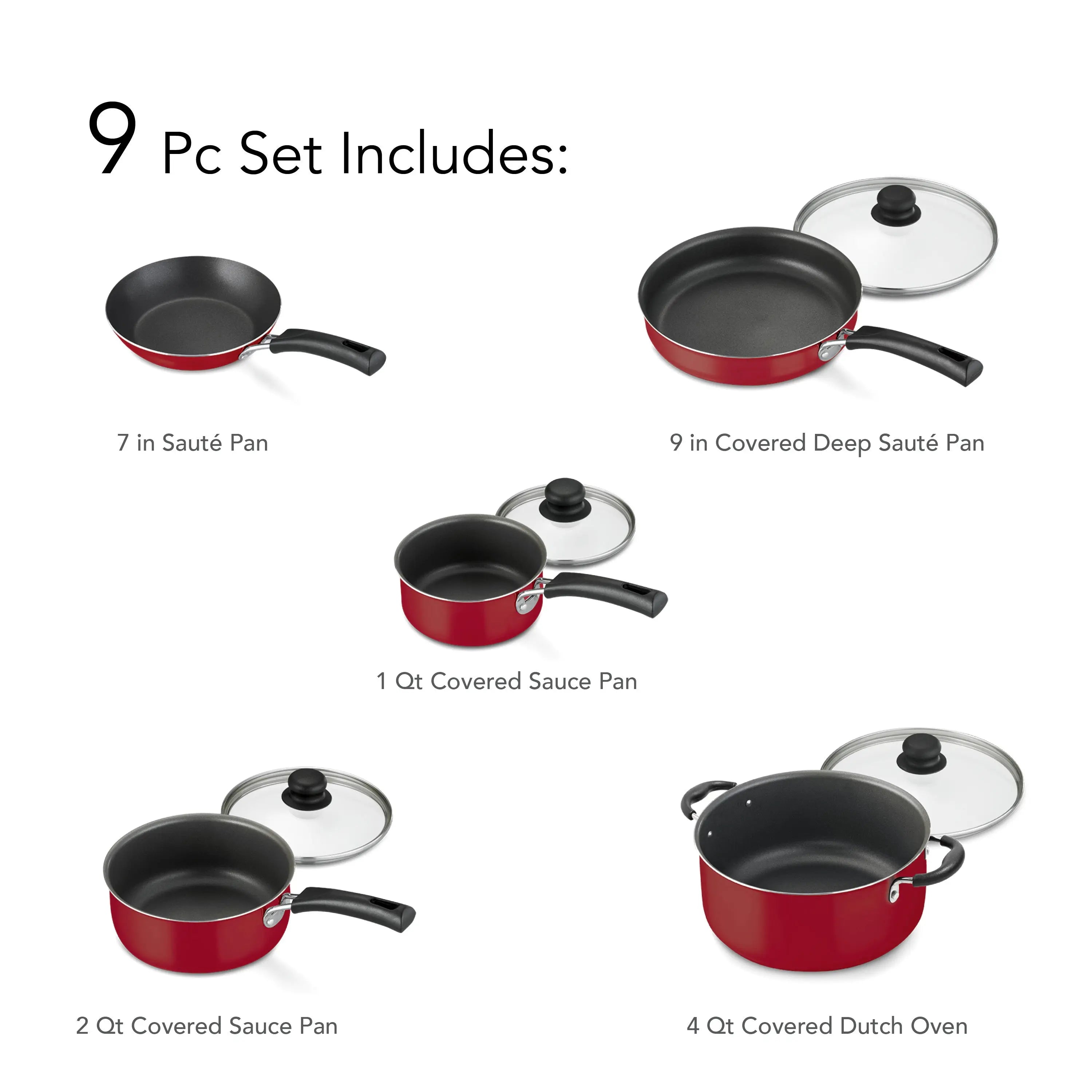 NEW 9-Piece Simple Cooking Nonstick Cookware Set (Red) Hand C Mart