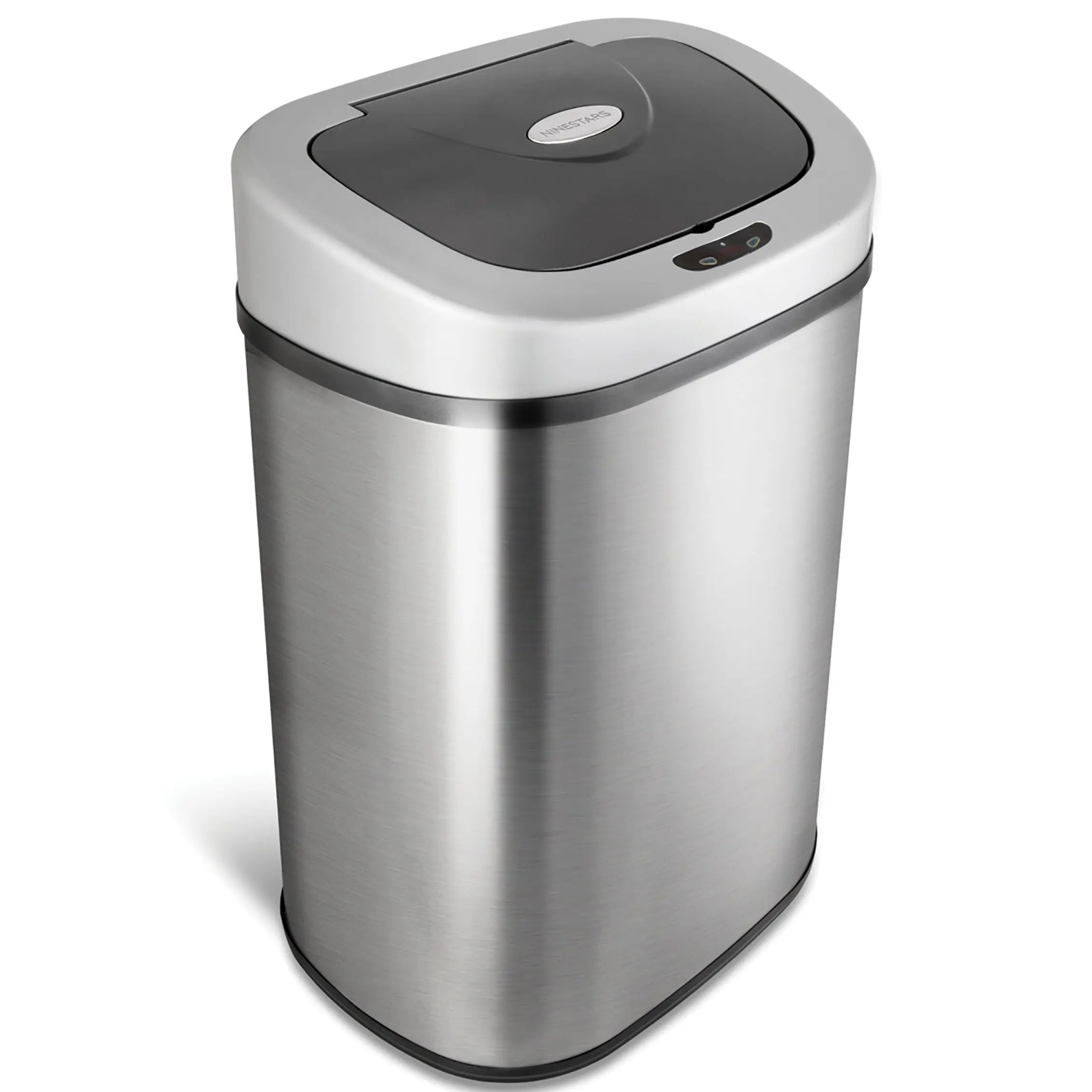 NINESTARS Automatic Touchless Infrared Motion Sensor Trash Can with Stainless Steel Base & Oval, Silver/Black Lid, 21 Gal Hand C Mart