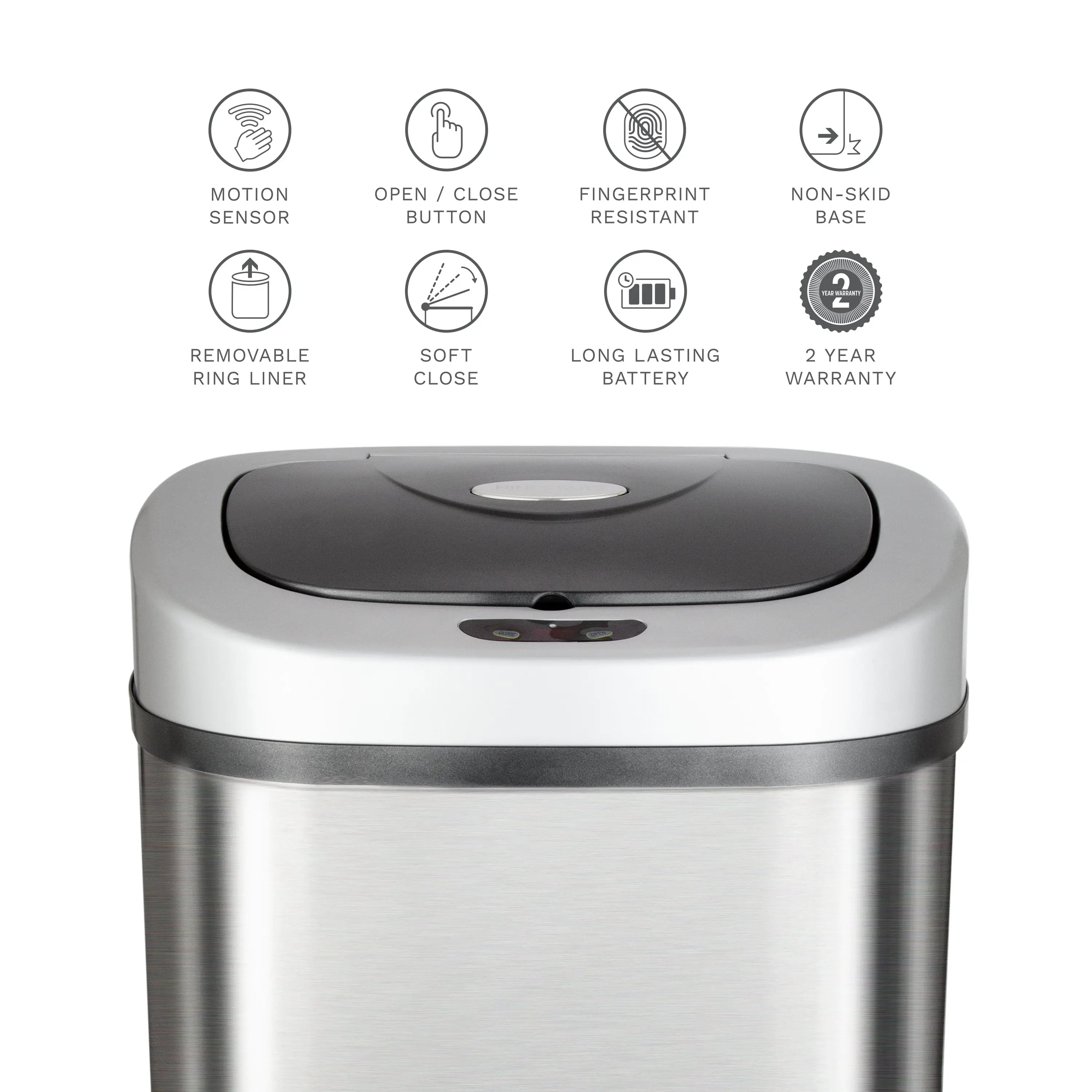 NINESTARS Automatic Touchless Infrared Motion Sensor Trash Can with Stainless Steel Base & Oval, Silver/Black Lid, 21 Gal Hand C Mart