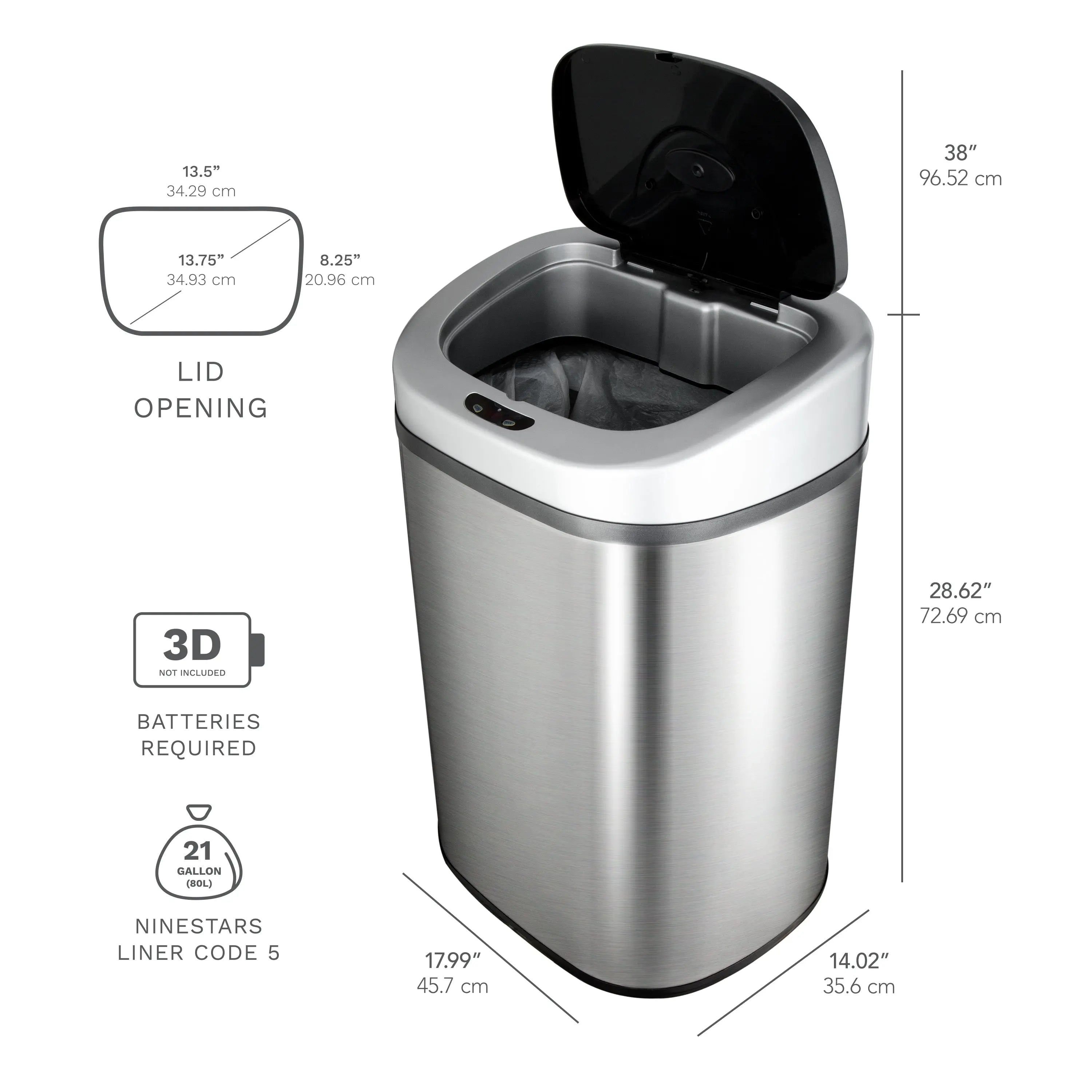 NINESTARS Automatic Touchless Infrared Motion Sensor Trash Can with Stainless Steel Base & Oval, Silver/Black Lid, 21 Gal Hand C Mart