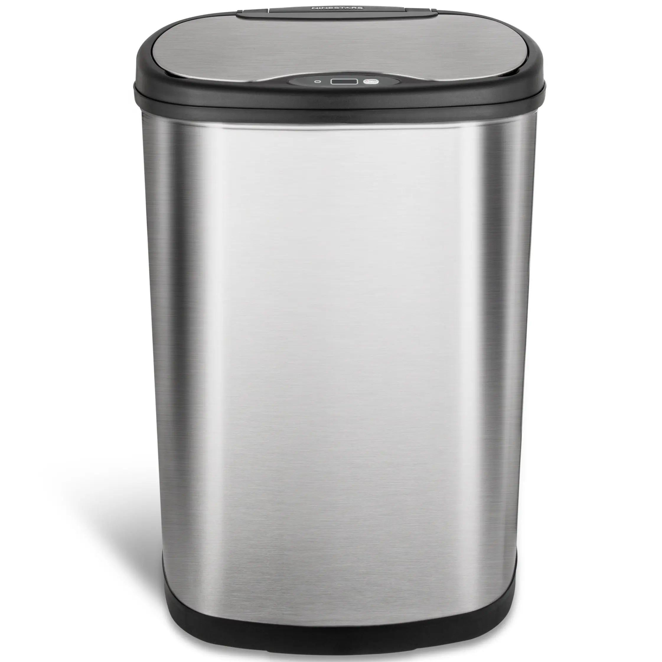 NINESTARS Automatic Touchless Infrared Motion Sensor Trash Can with Stainless Steel Base & Oval, Silver/Black Lid, 21 Gal Hand C Mart