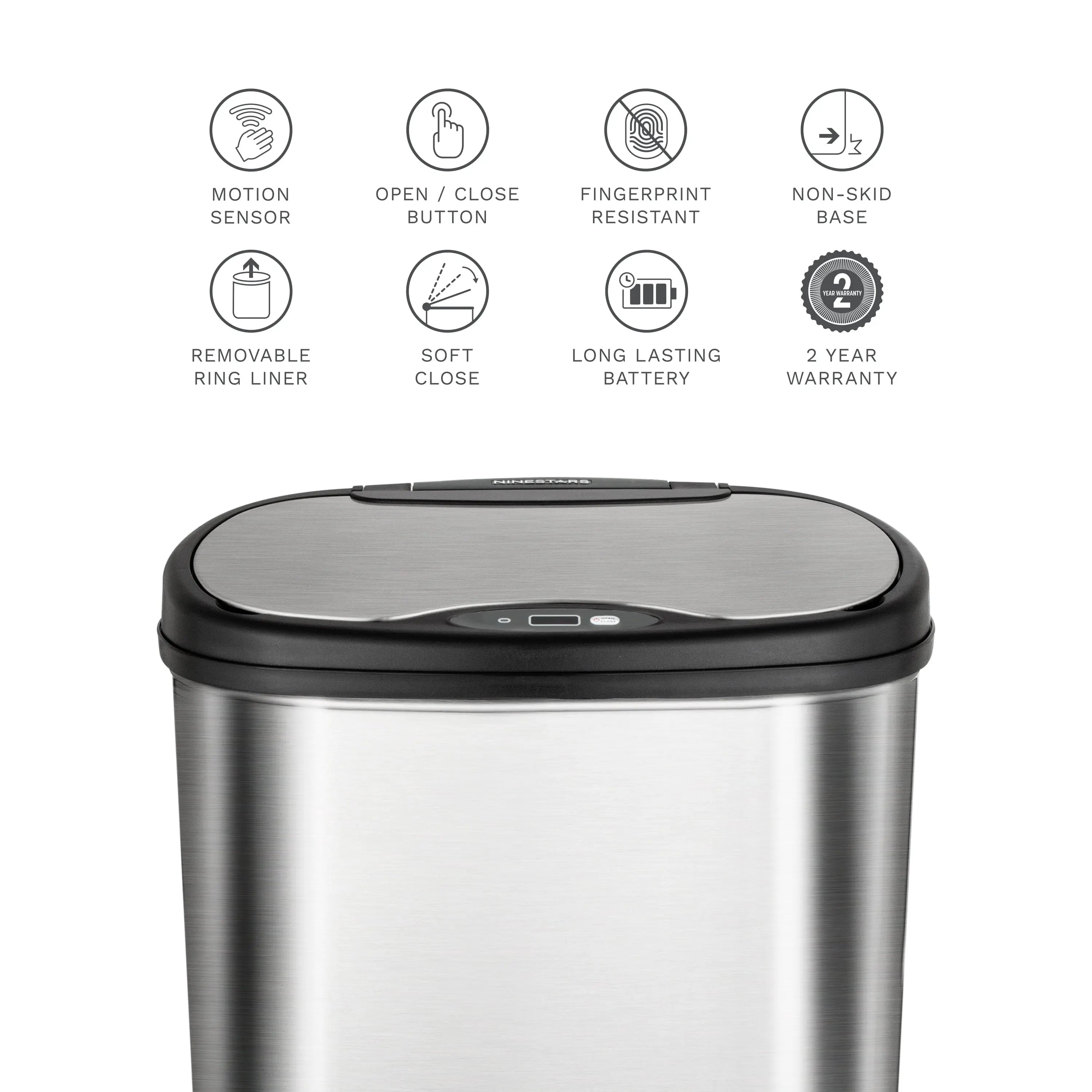 NINESTARS DZT-50-13 Automatic Touchless Motion Sensor Oval Trash Can with Black Top, 13 gallon/50 L, Stainless Steel Hand C Mart