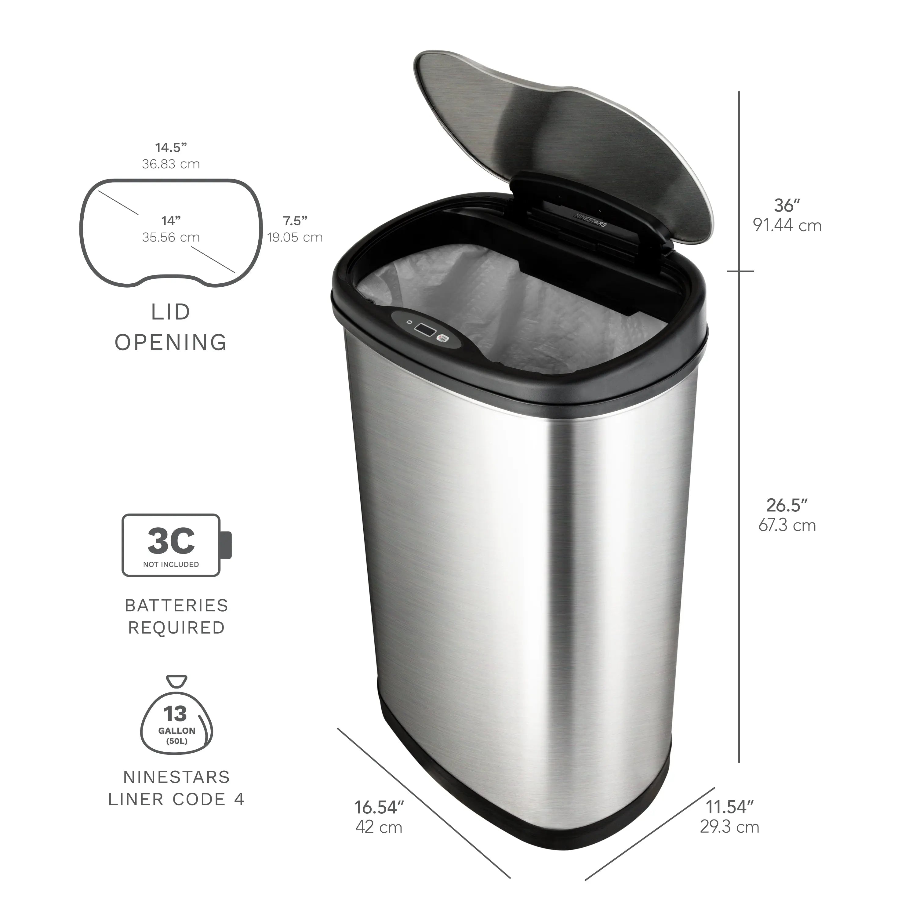 NINESTARS DZT-50-13 Automatic Touchless Motion Sensor Oval Trash Can with Black Top, 13 gallon/50 L, Stainless Steel Hand C Mart