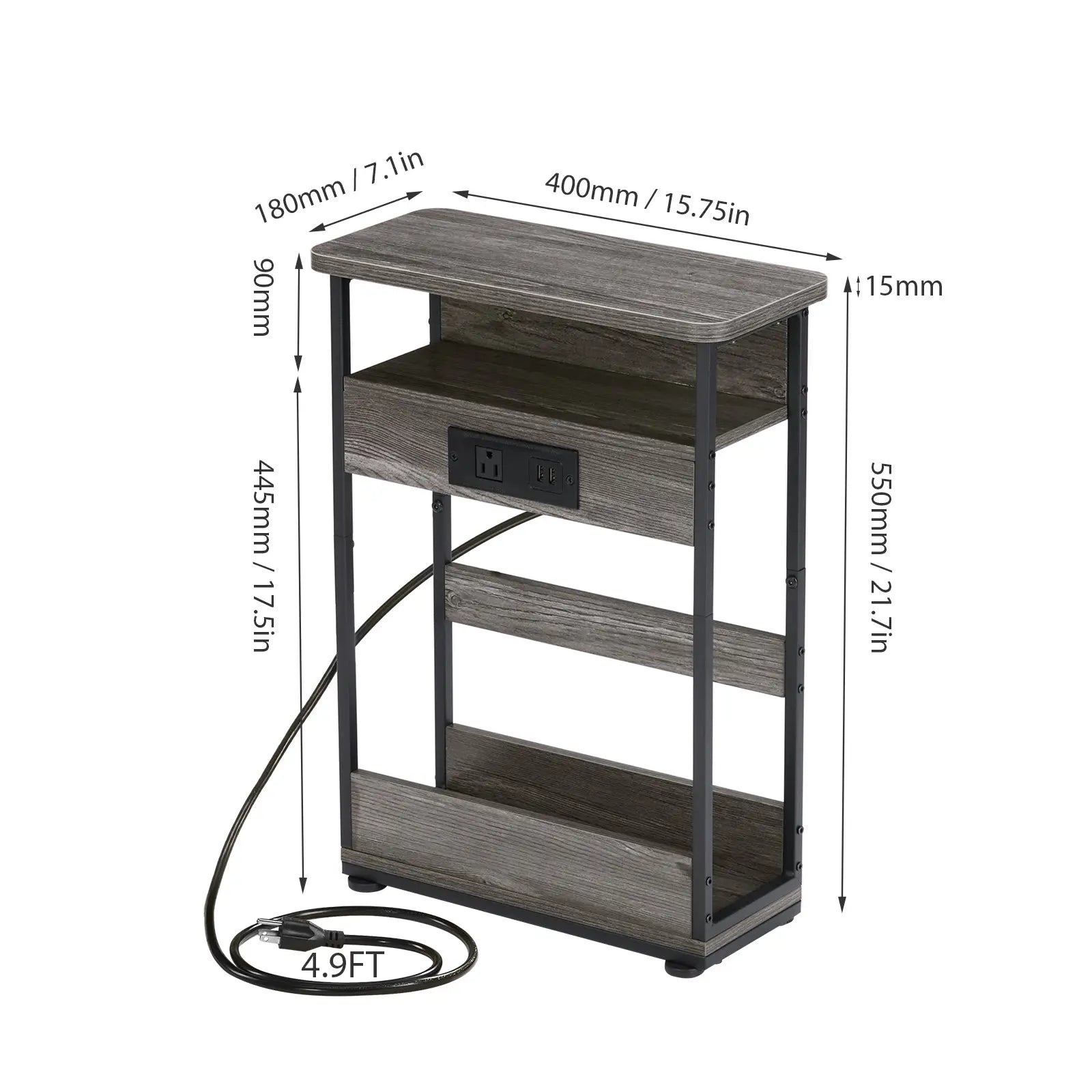 Narrow Side Table with Charging Station, 3 Tier Slim End Table with Storage Shelf for Small Spaces, 21.6 Inch Height Thin Tables Small Nightstand Magazine Rack for Living Room,Grey Hand C Mart