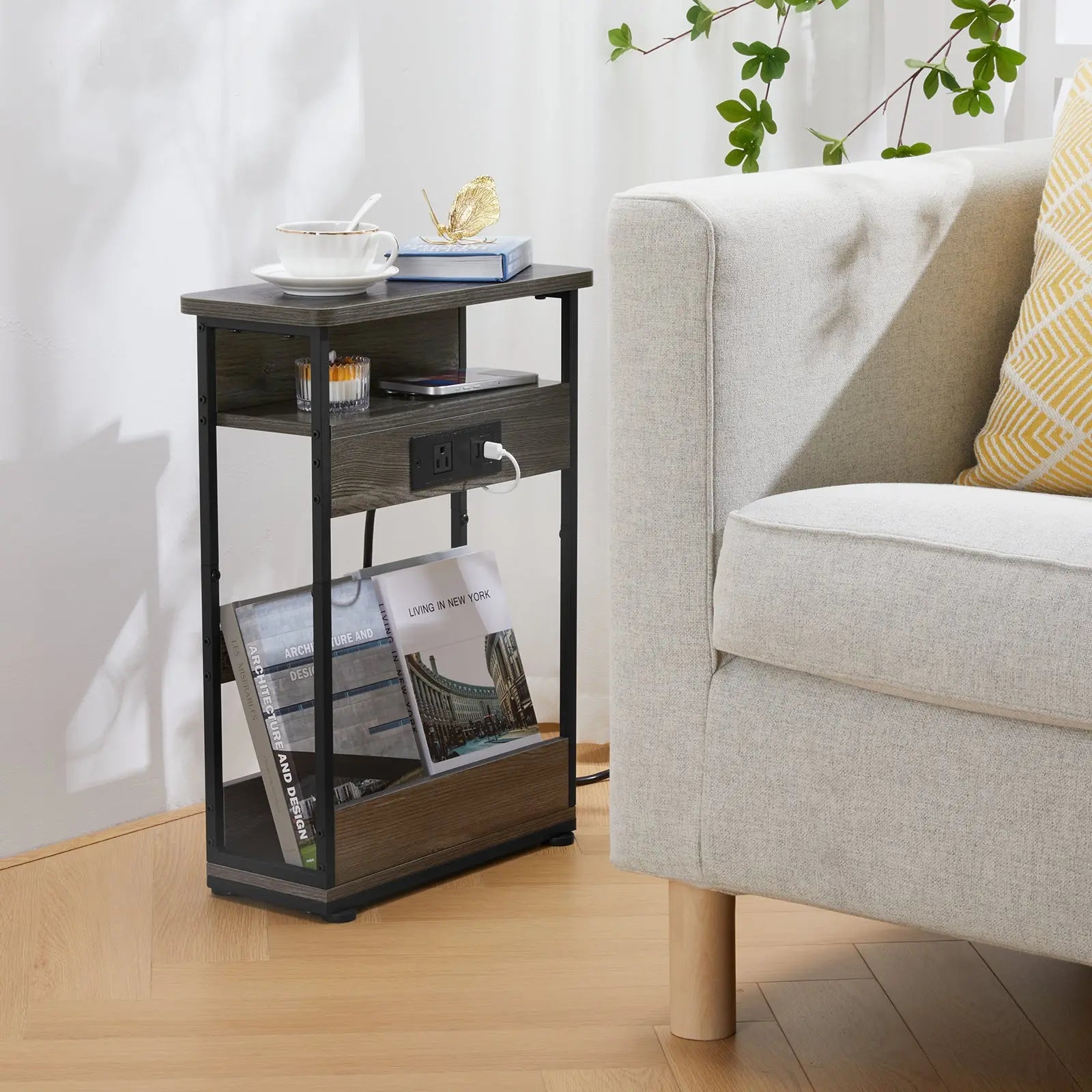 Narrow Side Table with Charging Station, 3 Tier Slim End Table with Storage Shelf for Small Spaces, 21.6 Inch Height Thin Tables Small Nightstand Magazine Rack for Living Room,Grey Hand C Mart