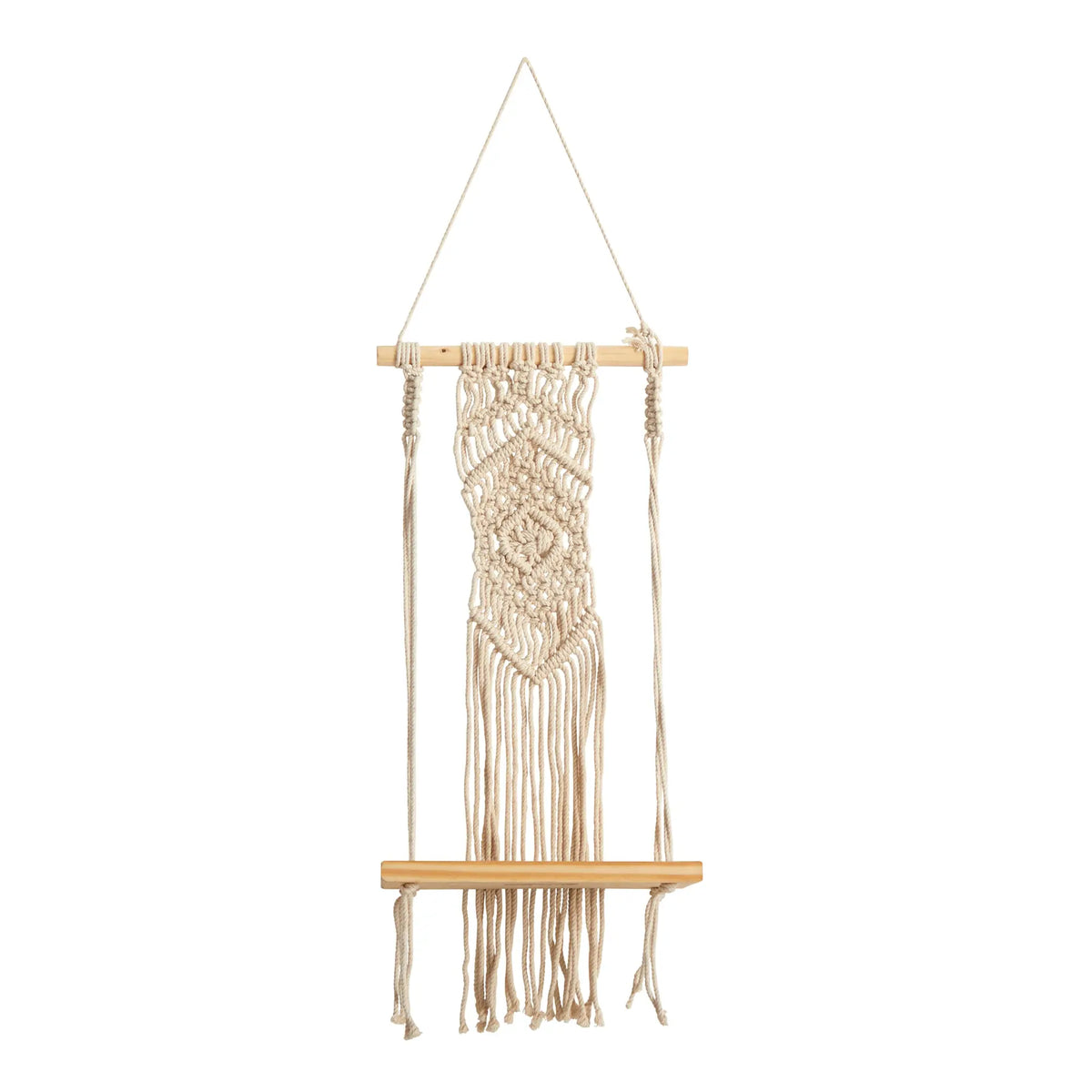 Nearly Natural 22in. Cream Textile Art Boho Chic Wood Macrame Shelf with Diamond Weave Hand C Mart