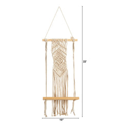 Nearly Natural 22in. Cream Textile Art Boho Chic Wood Macrame Shelf with Diamond Weave Hand C Mart