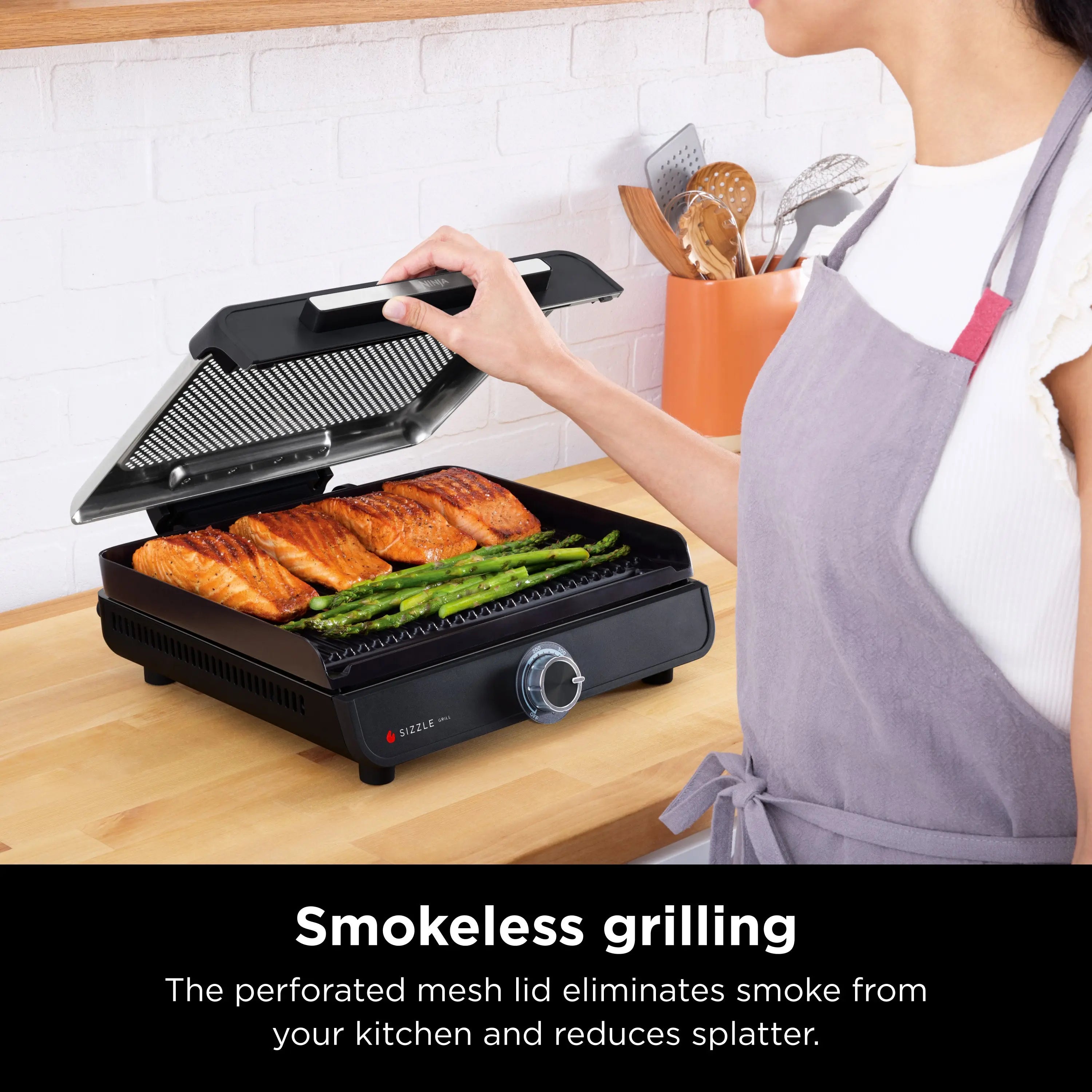 Ninja 14" Sizzle Smokeless Electric Indoor Grill, Black with Nonstick Grill Plate Hand C Mart