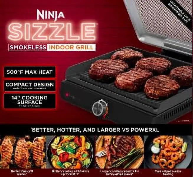 Ninja 14" Sizzle Smokeless Electric Indoor Grill, Black with Nonstick Grill Plate Hand C Mart