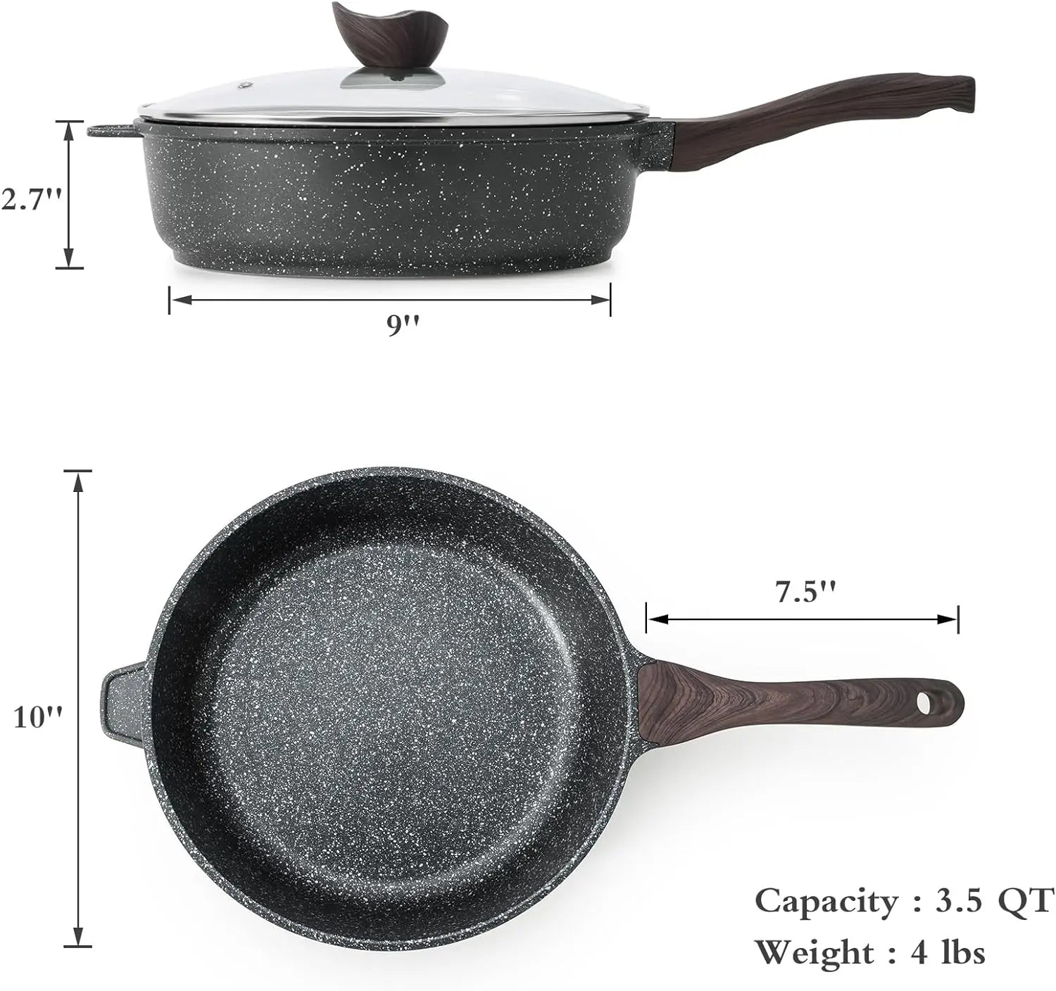 Nonstick Deep Frying Pan with Lid, 10 Inch Large Skillet, Granite Stone Saute Pan for Cooking Hand C Mart