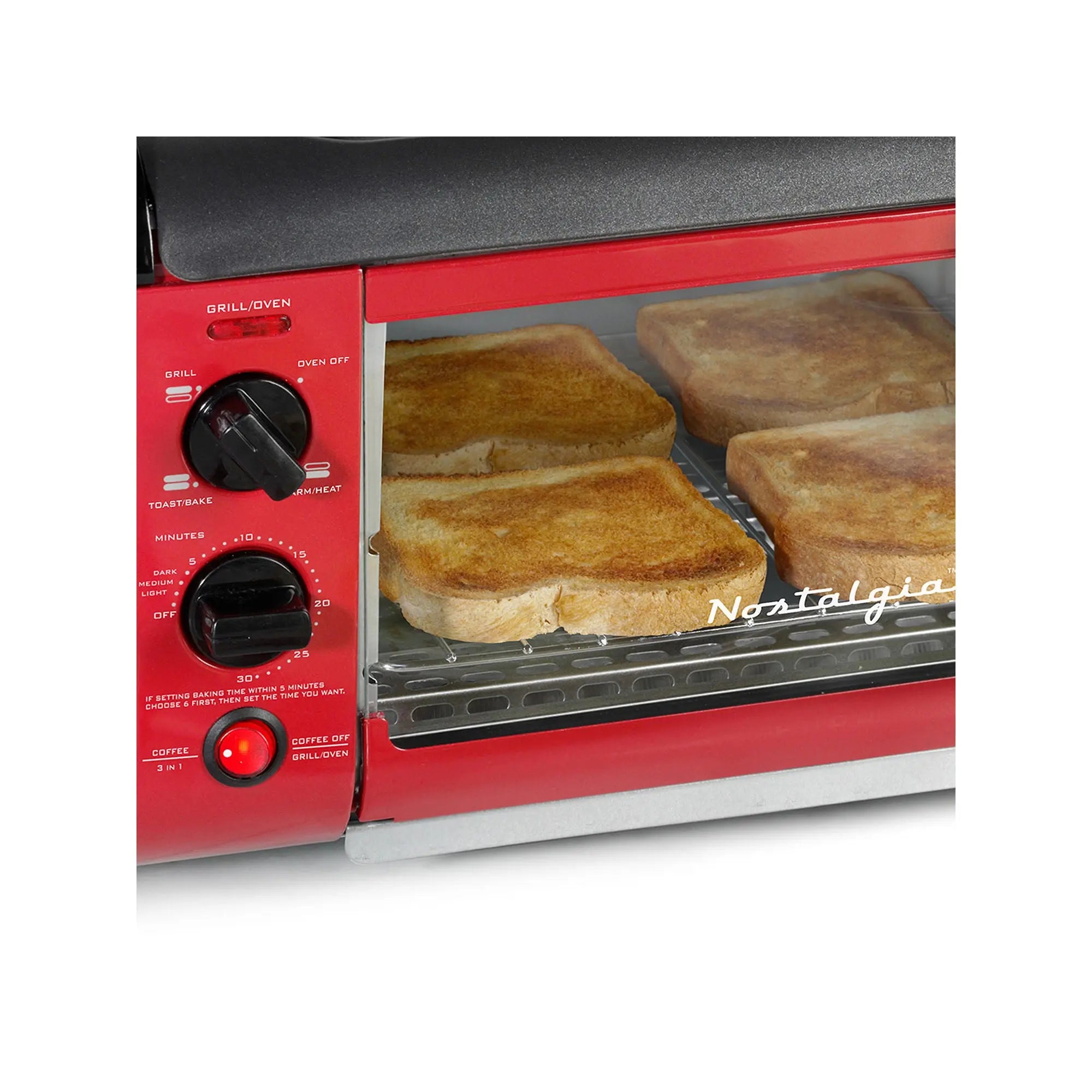 Nostalgia BST3RR Retro 3-in-1 Family Size Electric Breakfast Station, Coffeemaker, Griddle, Toaster Oven - Retro Red Hand C Mart