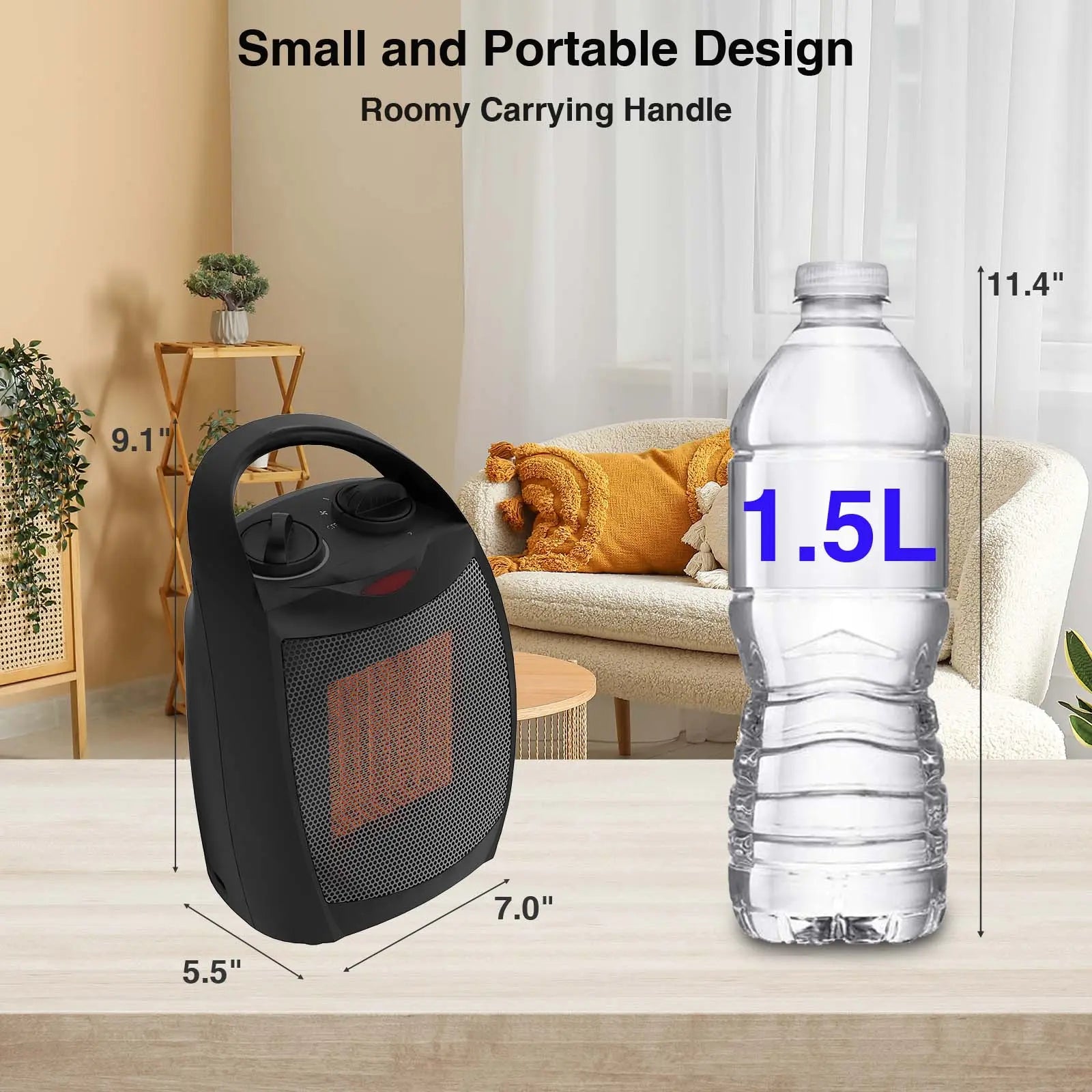 Portable Space Heater -1500W/750W Ceramic electric Heater Fan with Thermostat, Heat up 200 sq. ft for Indoor Use, Black Hand C Mart