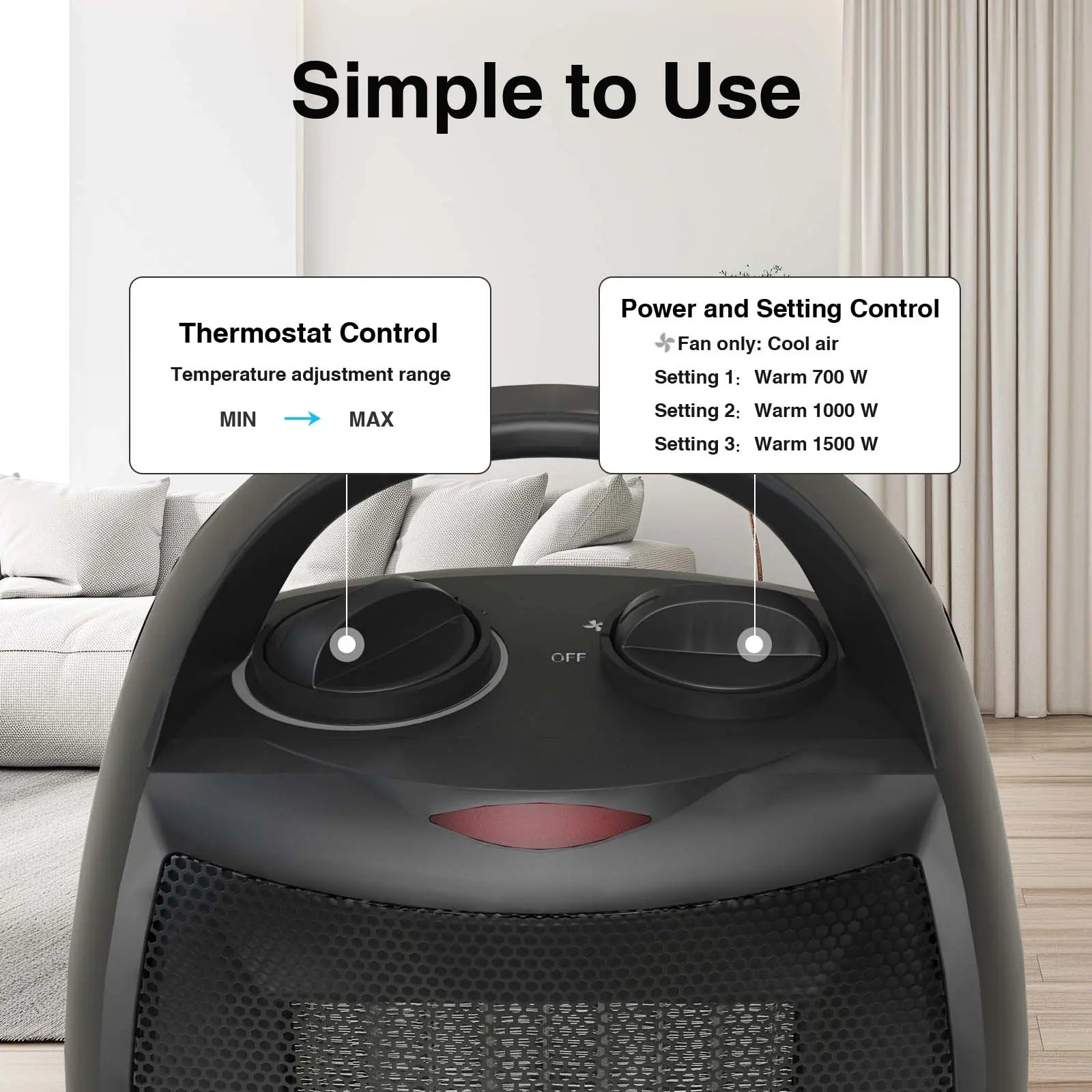 Portable Space Heater -1500W/750W Ceramic electric Heater Fan with Thermostat, Heat up 200 sq. ft for Indoor Use, Black Hand C Mart