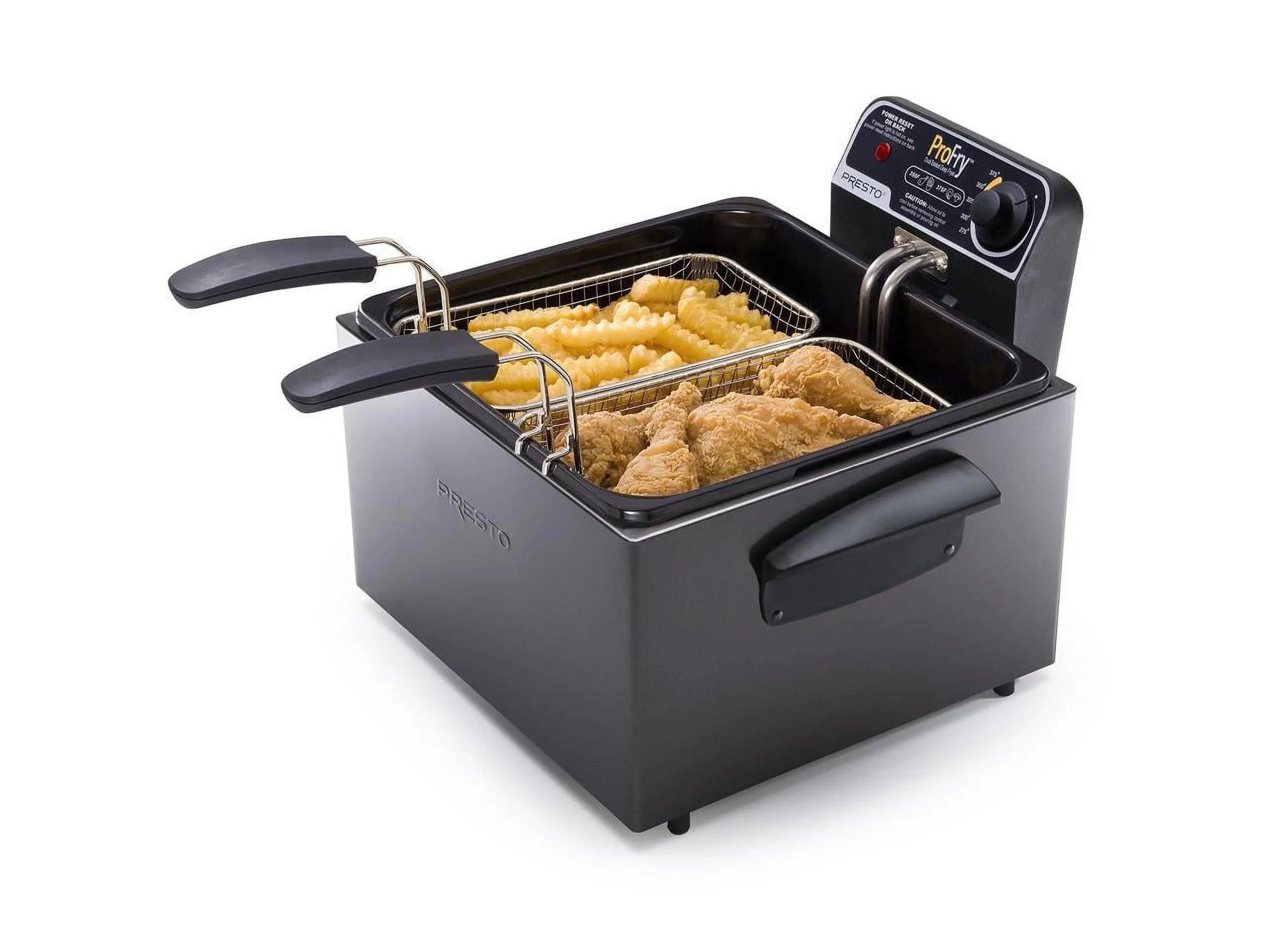 Adjustable thermostat and signal light on Presto Pro Fry 5-Qt fryer
