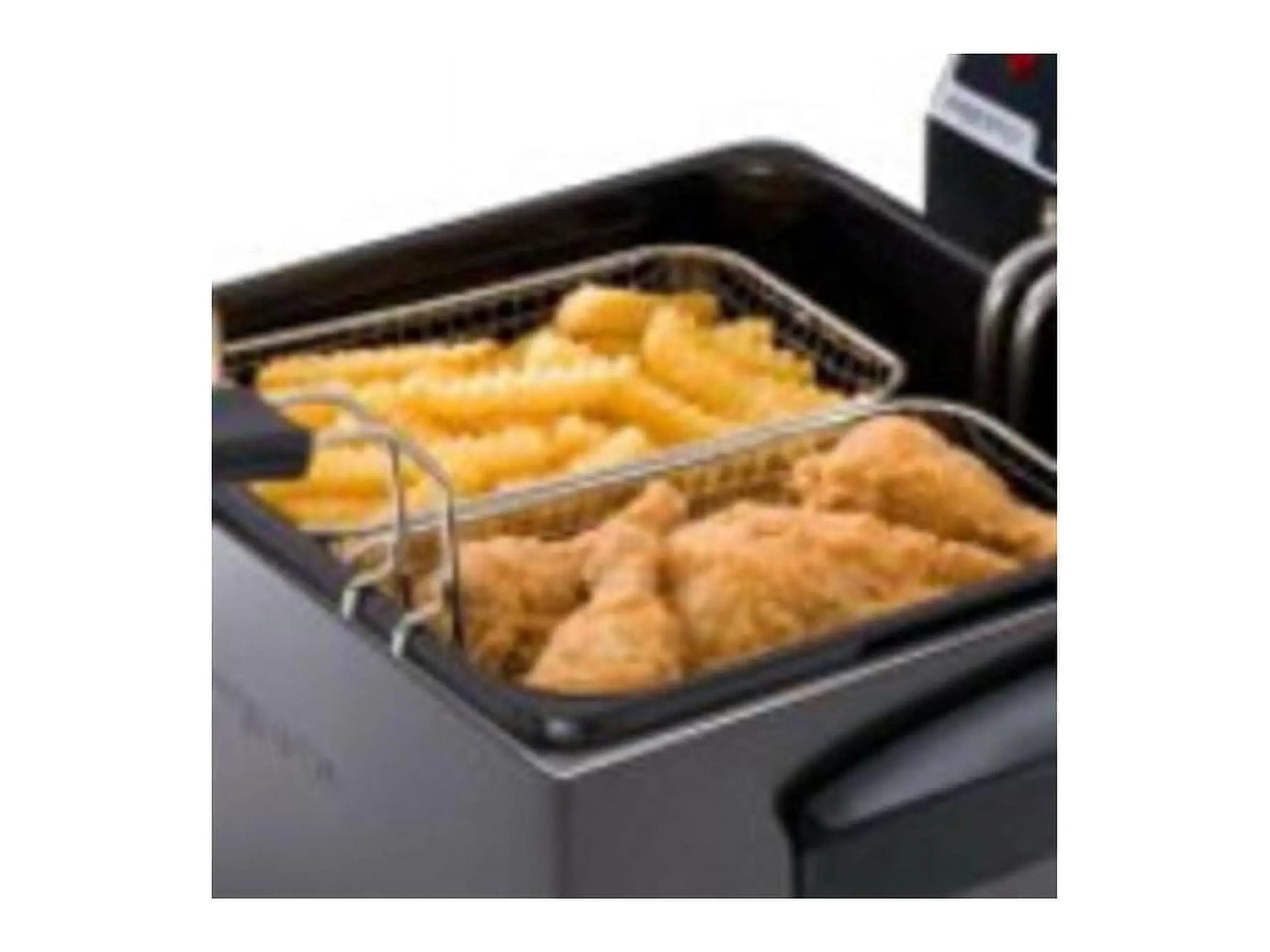 Large pieces of chicken frying in Presto oblong-shaped baskets
