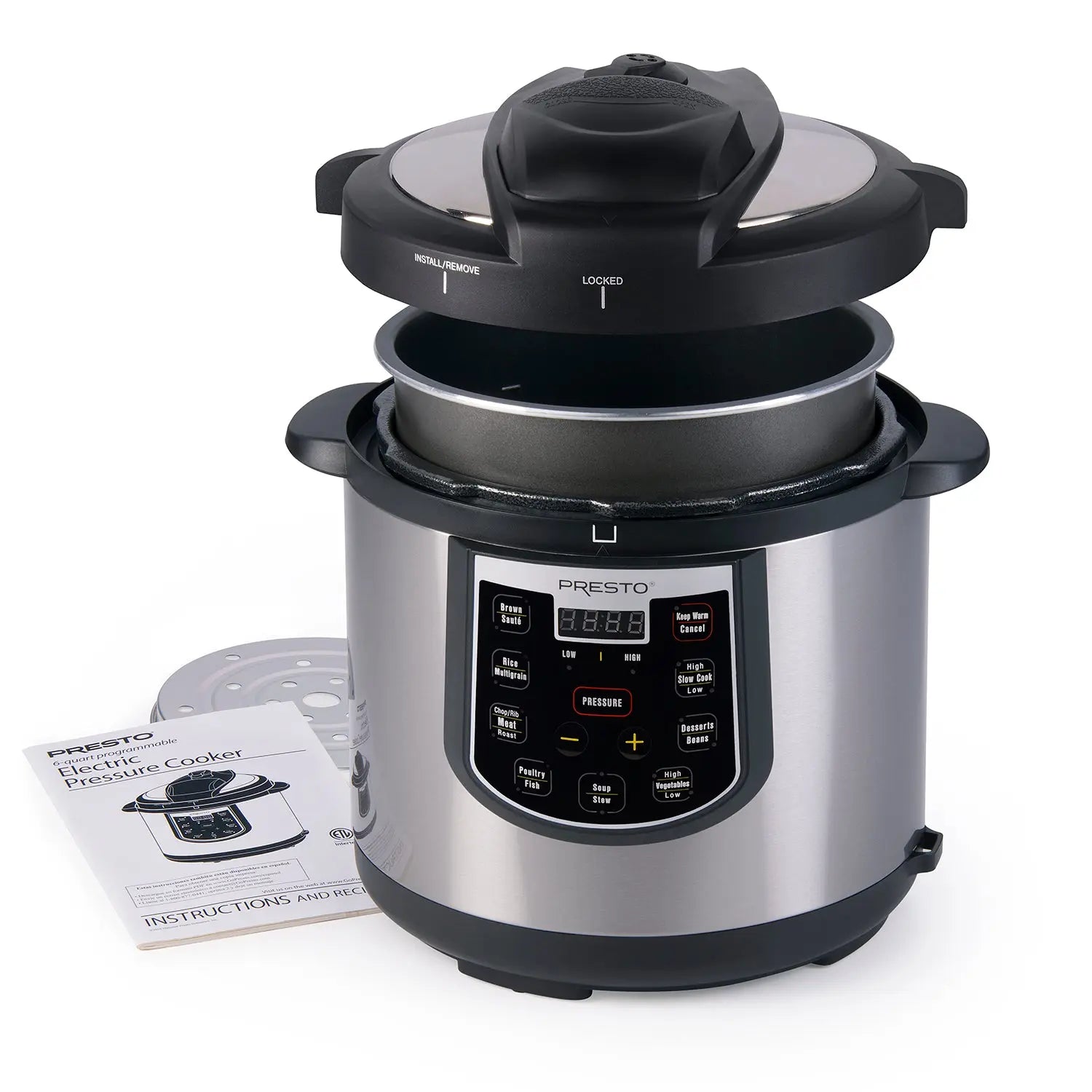 Presto 2-in-1 pressure cooker and slow cooker on a kitchen counter
